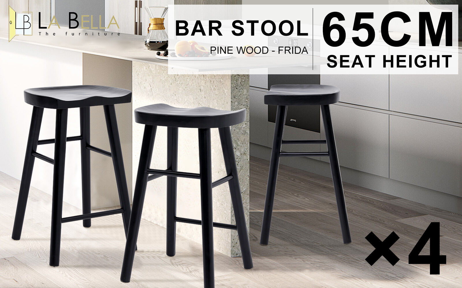 Table & Bar Stools: 4X Wooden Bar Stool Dining Chair Pine Wood FRIDA 65cm BLACK