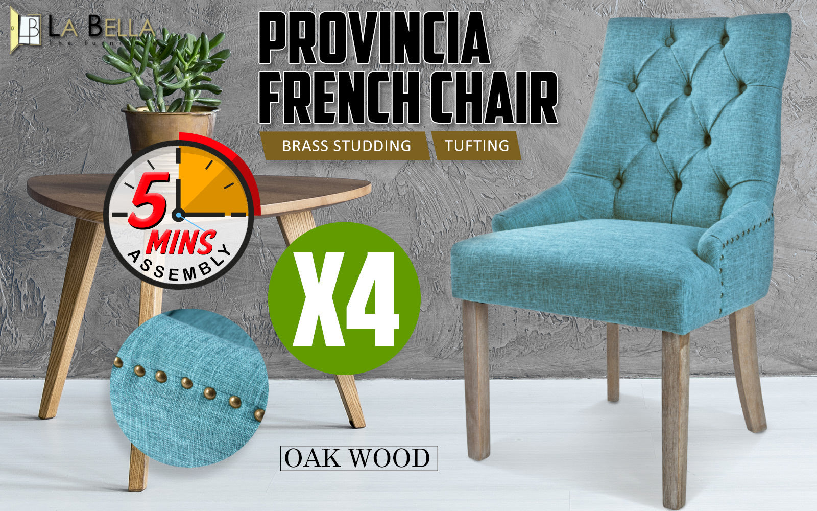 Kitchen & Dining Chairs: 4X French Provincial Dining Chair Oak Leg AMOUR BLUE