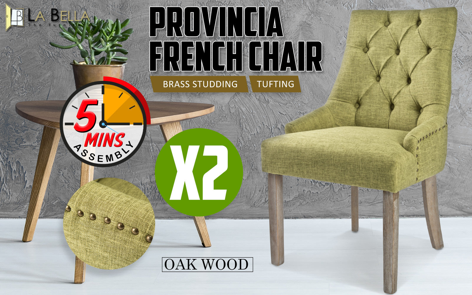Kitchen & Dining Chairs: 2X French Provincial Dining Chair Oak Leg AMOUR GREEN