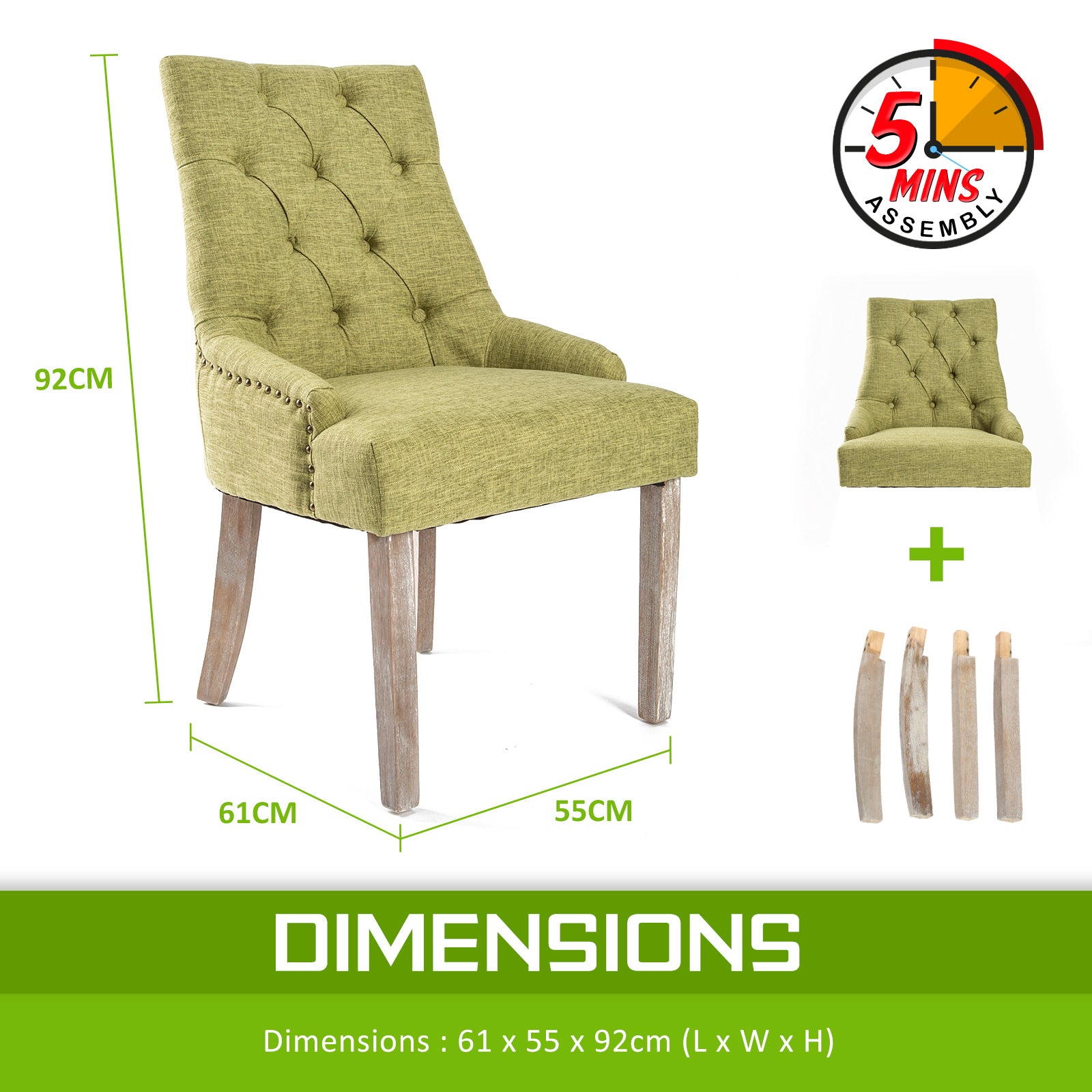 Kitchen & Dining Chairs: 2X French Provincial Dining Chair Oak Leg AMOUR GREEN