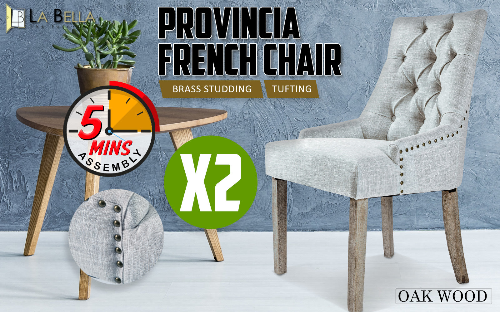 Kitchen & Dining Chairs: 2X French Provincial Dining Chair Oak Leg AMOUR GREY