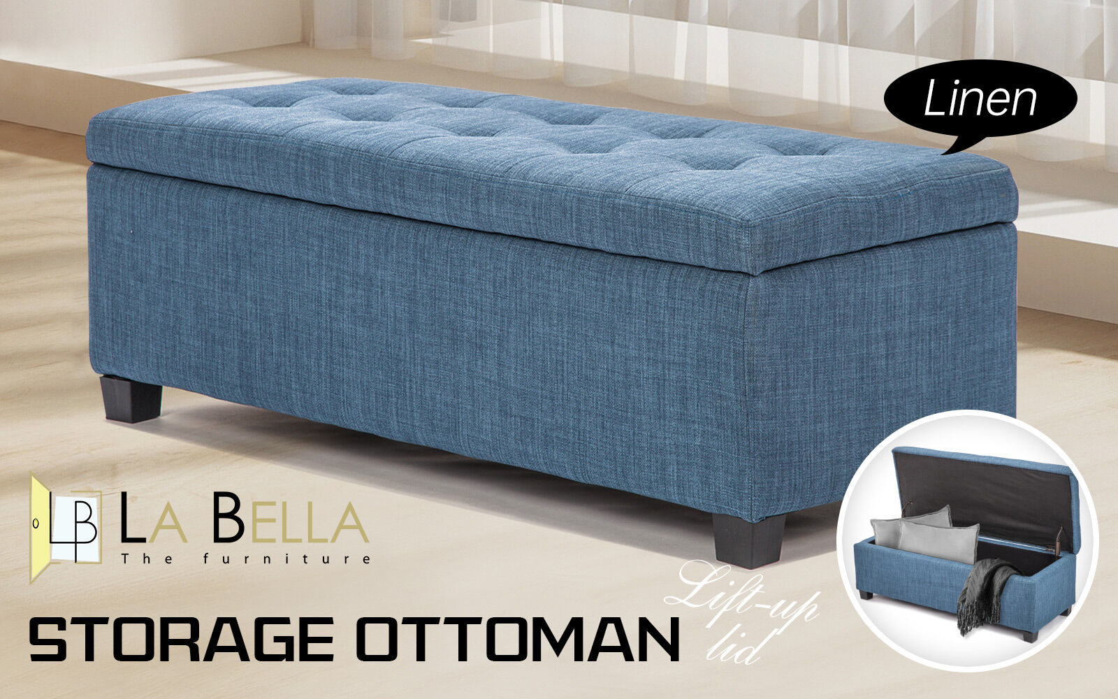 Ottomans & Footstools: Storage Ottoman Stool 102cm Fabric DARK BLUE