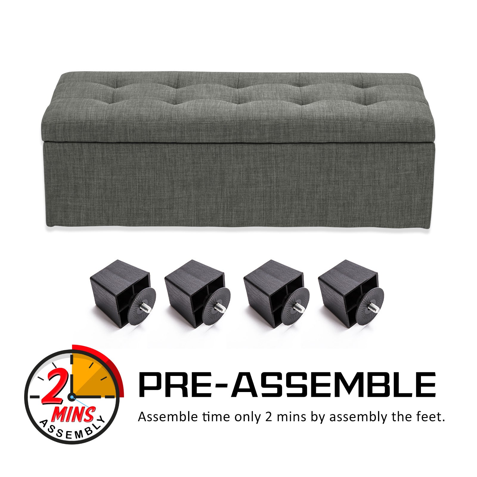 Ottomans & Footstools: Storage Ottoman Stool 102cm Fabric DARK GREY