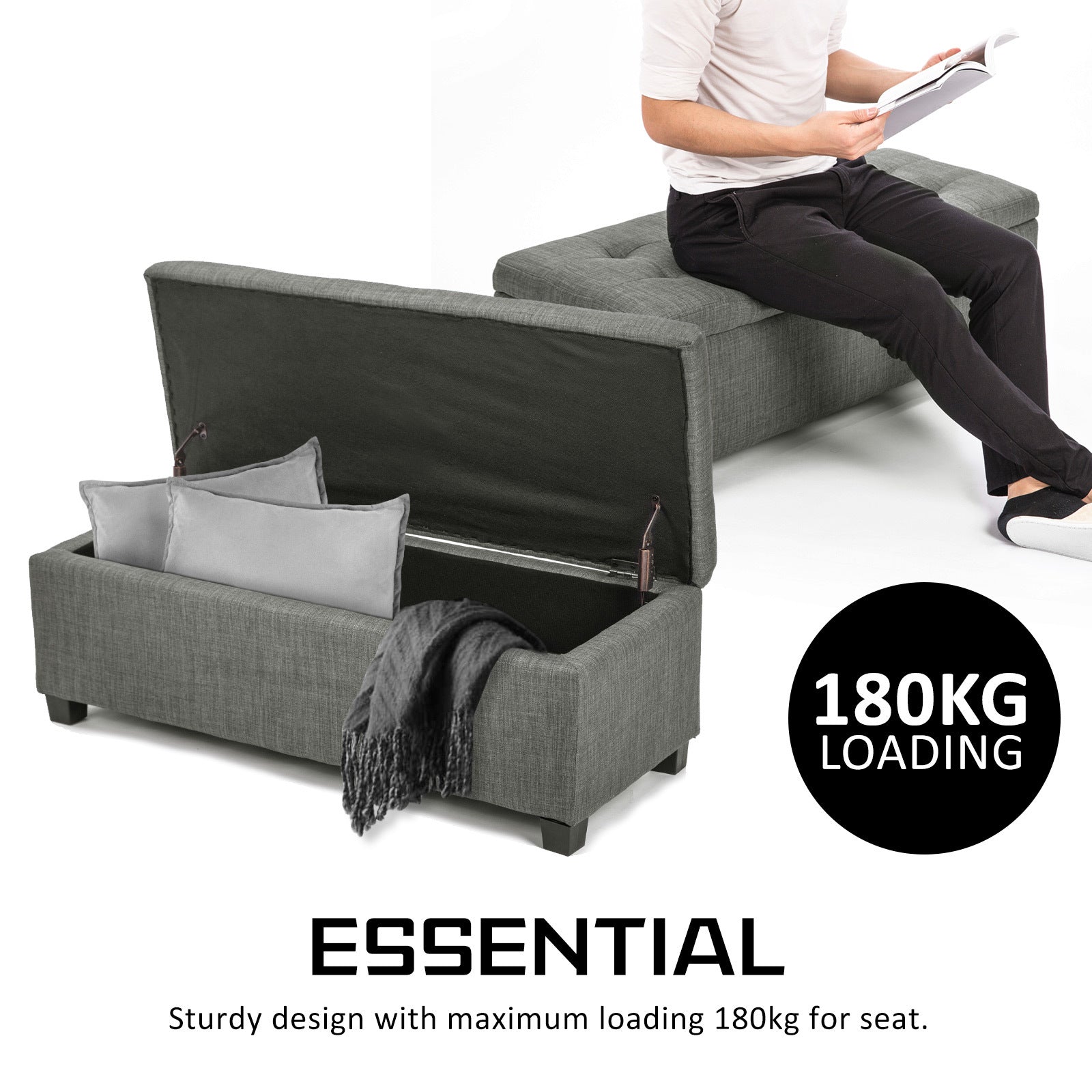 Ottomans & Footstools: Storage Ottoman Stool 102cm Fabric DARK GREY