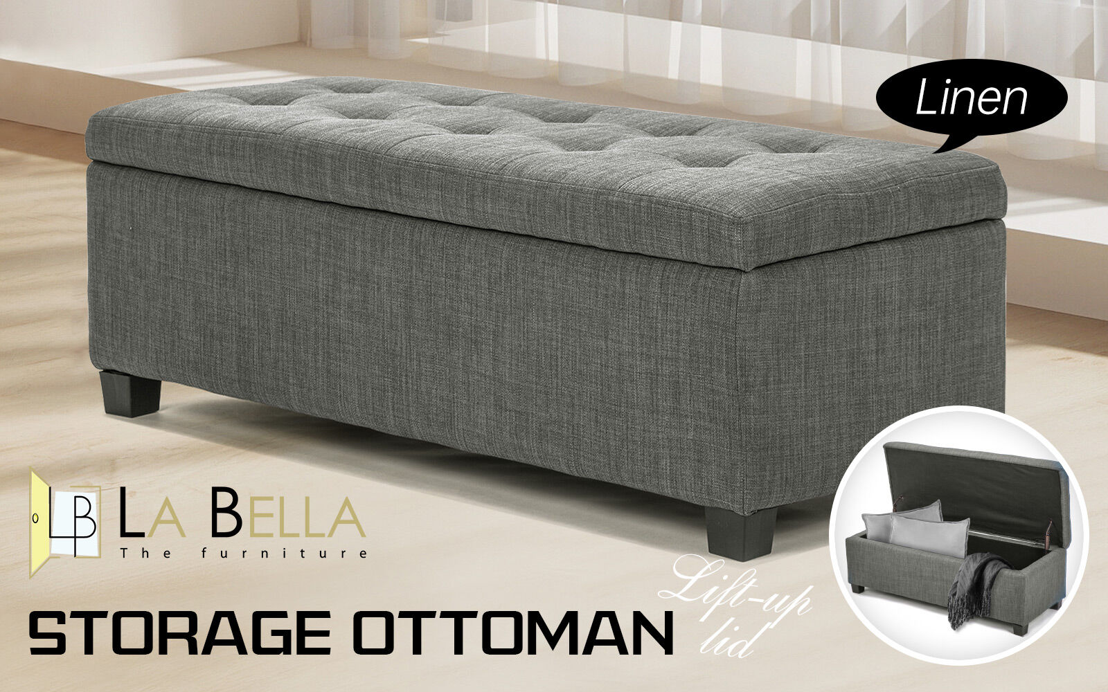 Ottomans & Footstools: Storage Ottoman Stool 102cm Fabric DARK GREY