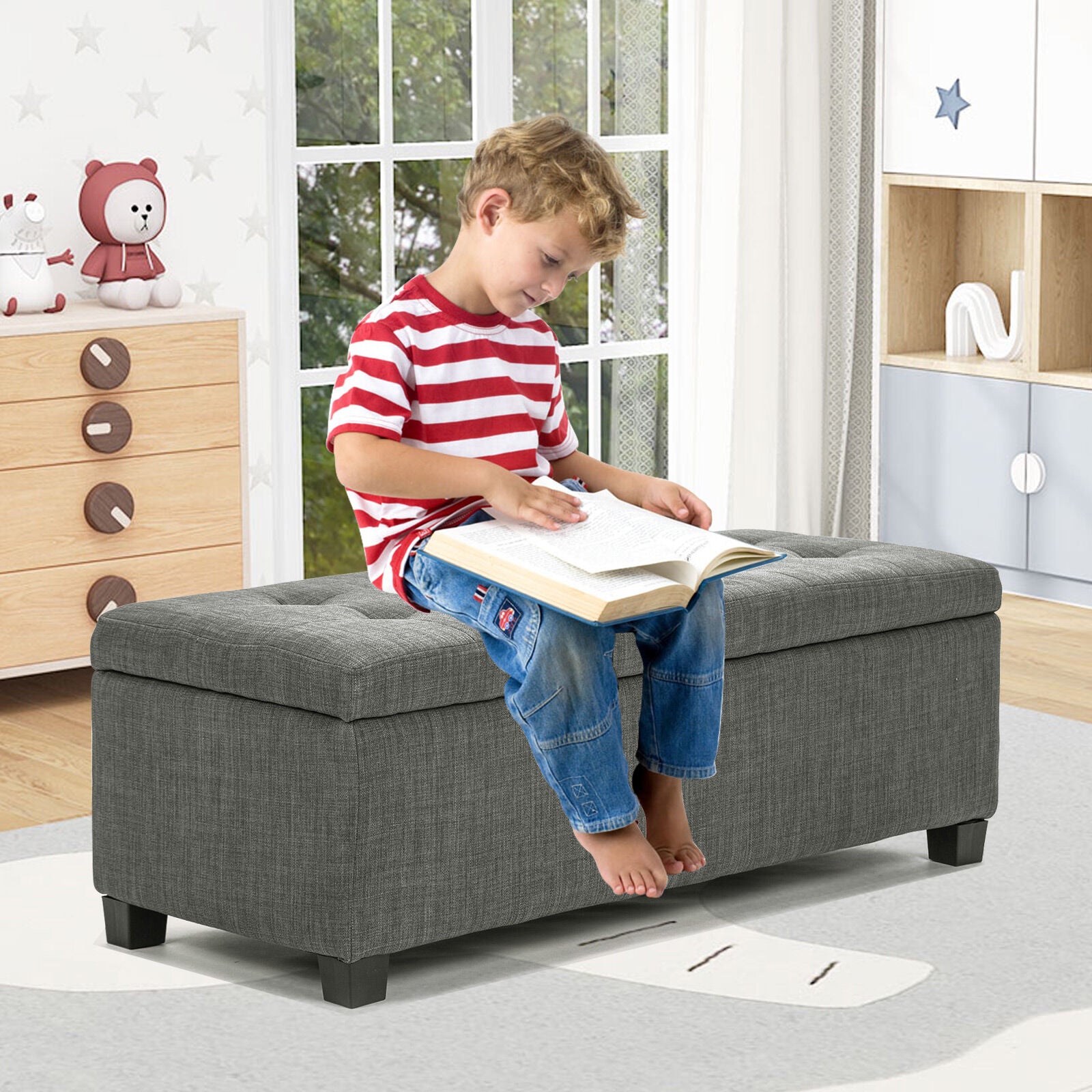 Ottomans & Footstools: Storage Ottoman Stool 102cm Fabric DARK GREY