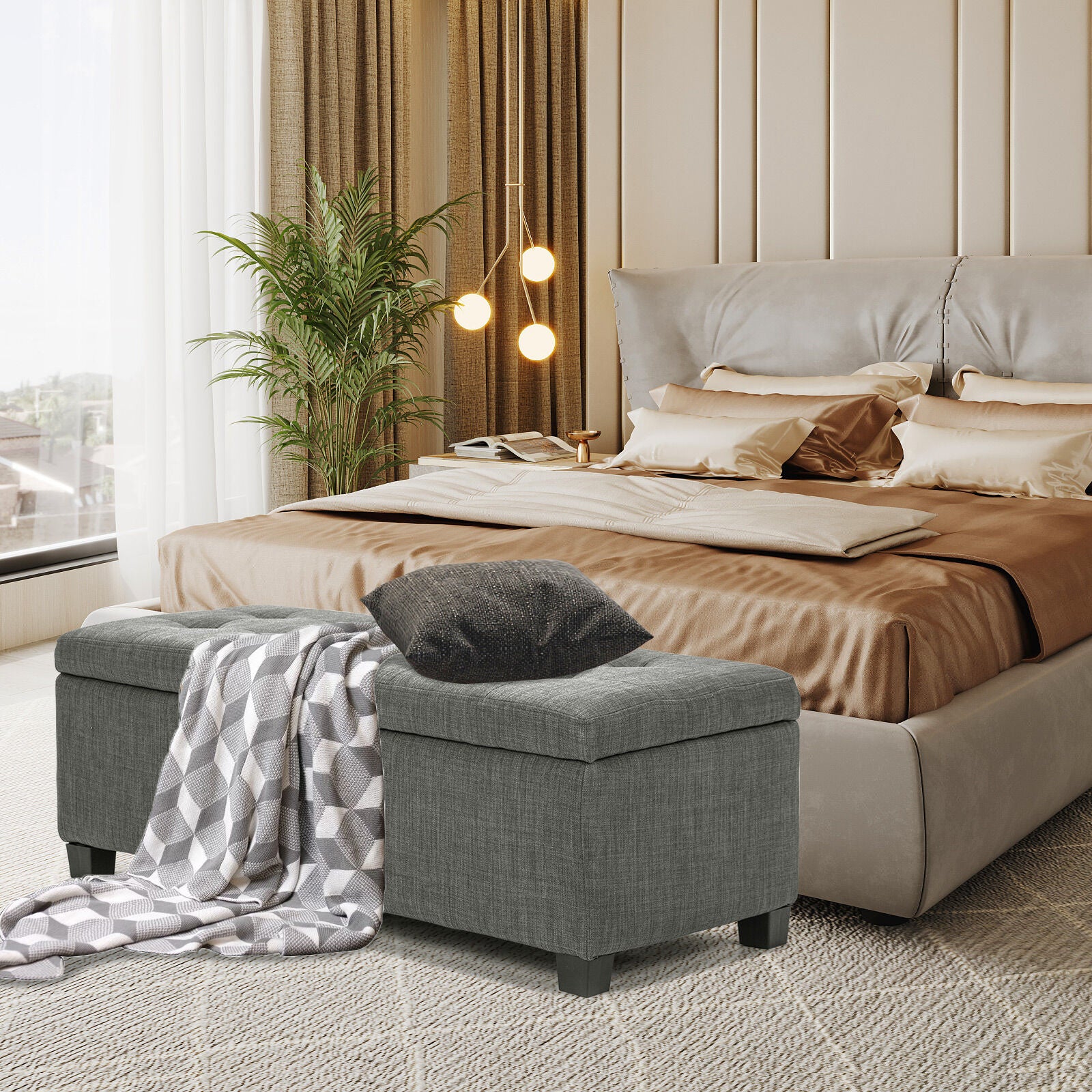 Ottomans & Footstools: Storage Ottoman Stool 102cm Fabric DARK GREY