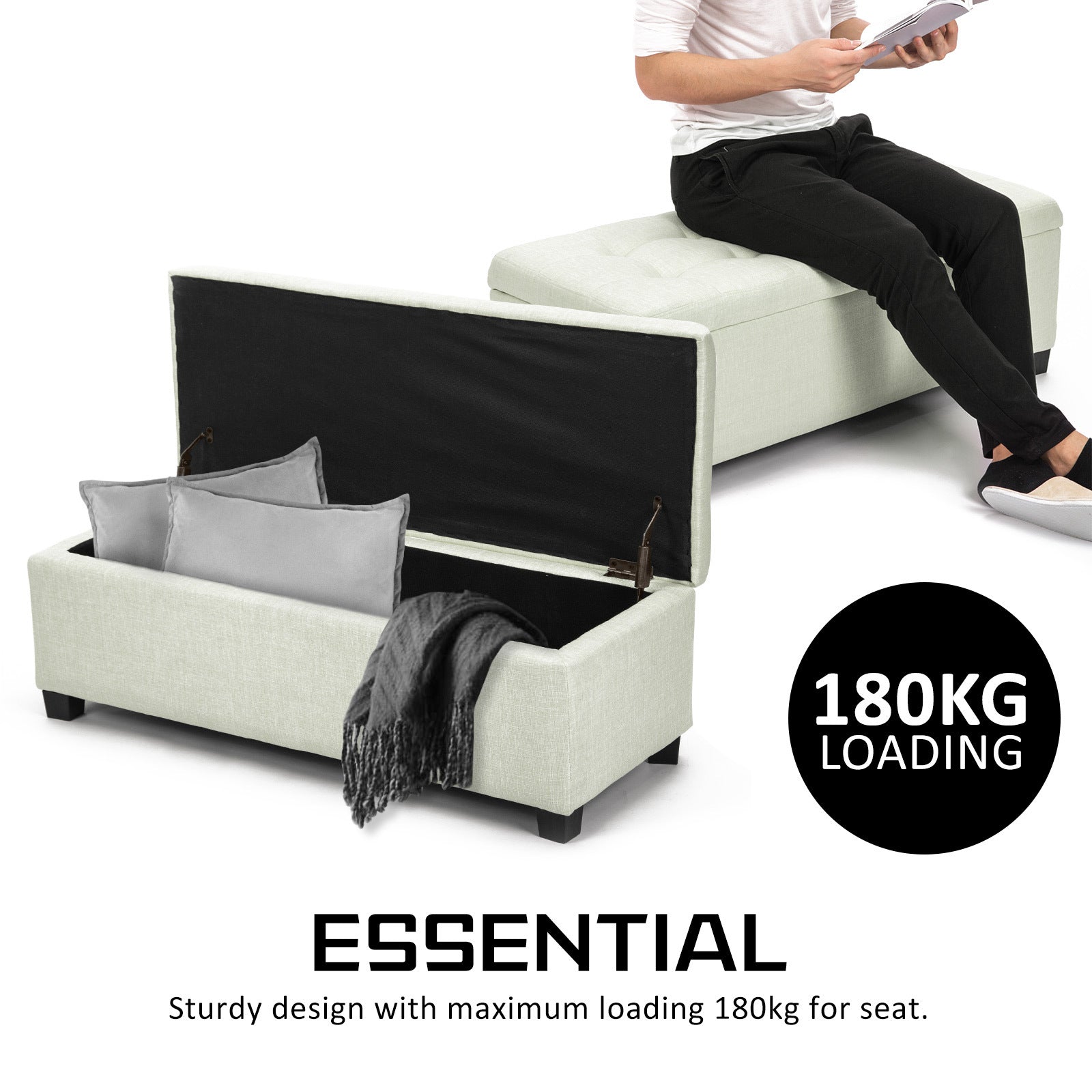 Ottomans & Footstools: Storage Ottoman Stool 102cm Fabric LIGHT GREEN