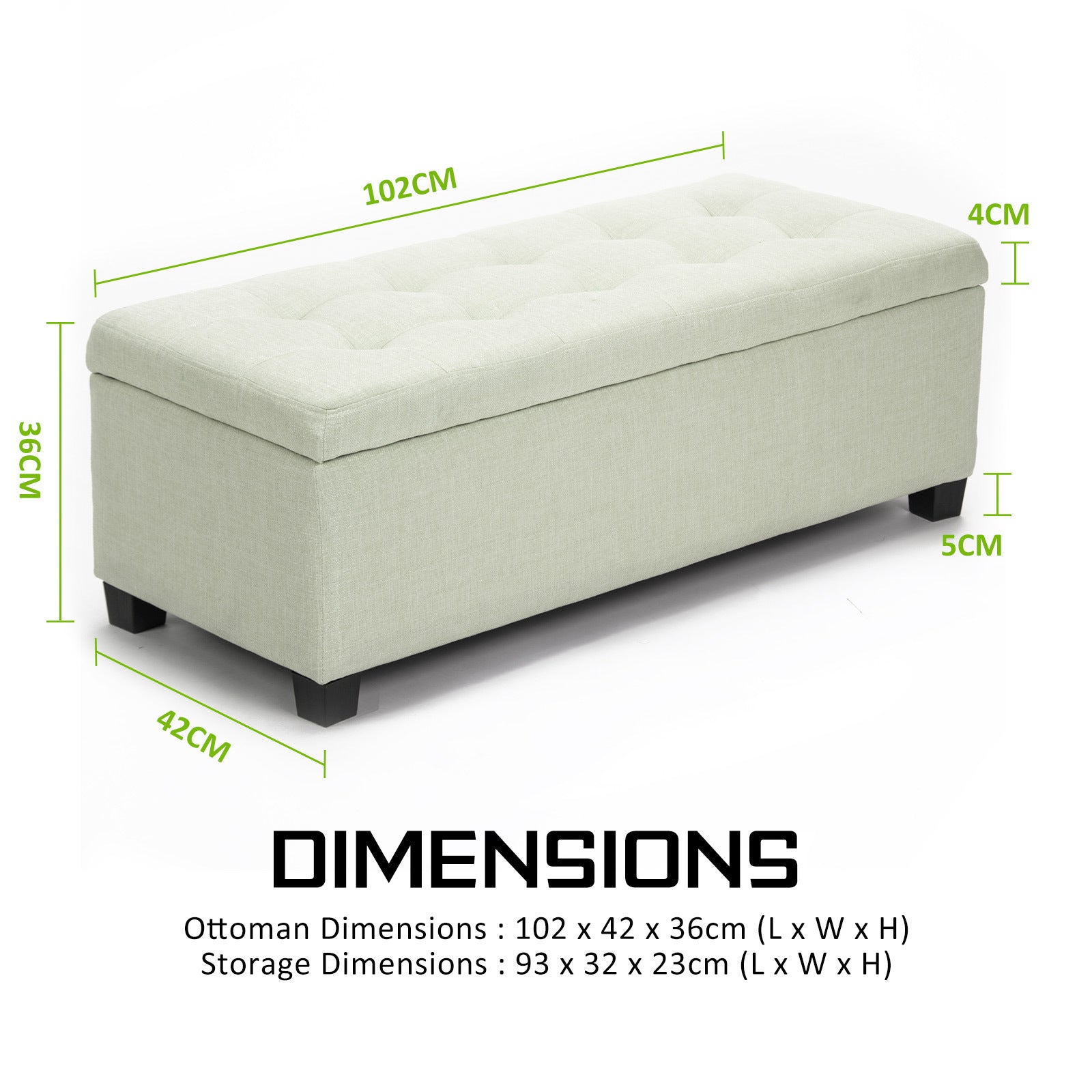 Ottomans & Footstools: Storage Ottoman Stool 102cm Fabric LIGHT GREEN