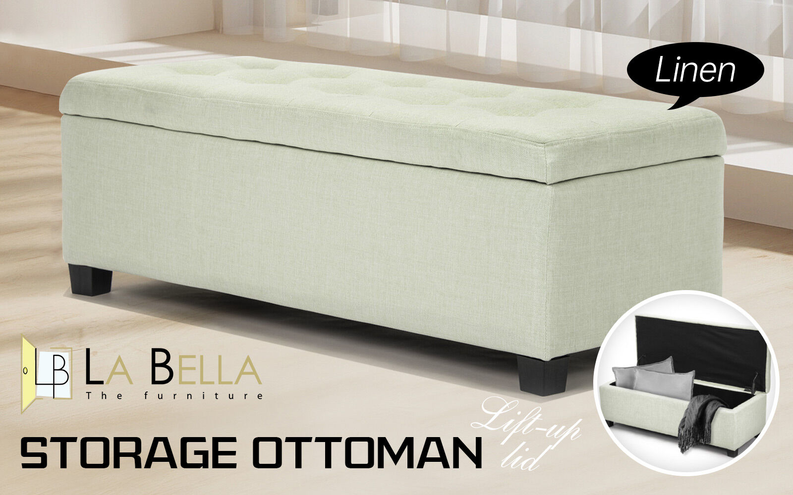 Ottomans & Footstools: Storage Ottoman Stool 102cm Fabric LIGHT GREEN