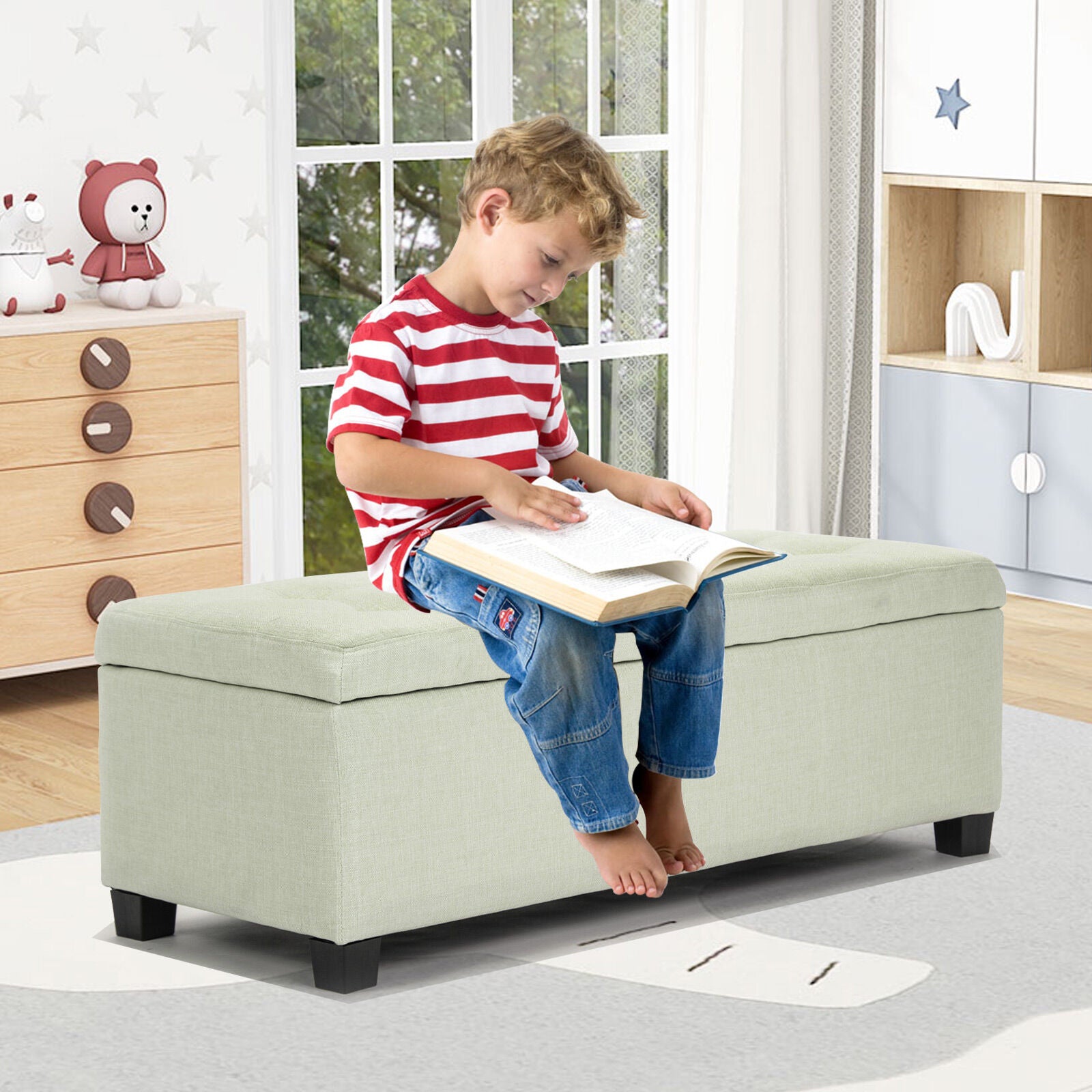 Ottomans & Footstools: Storage Ottoman Stool 102cm Fabric LIGHT GREEN