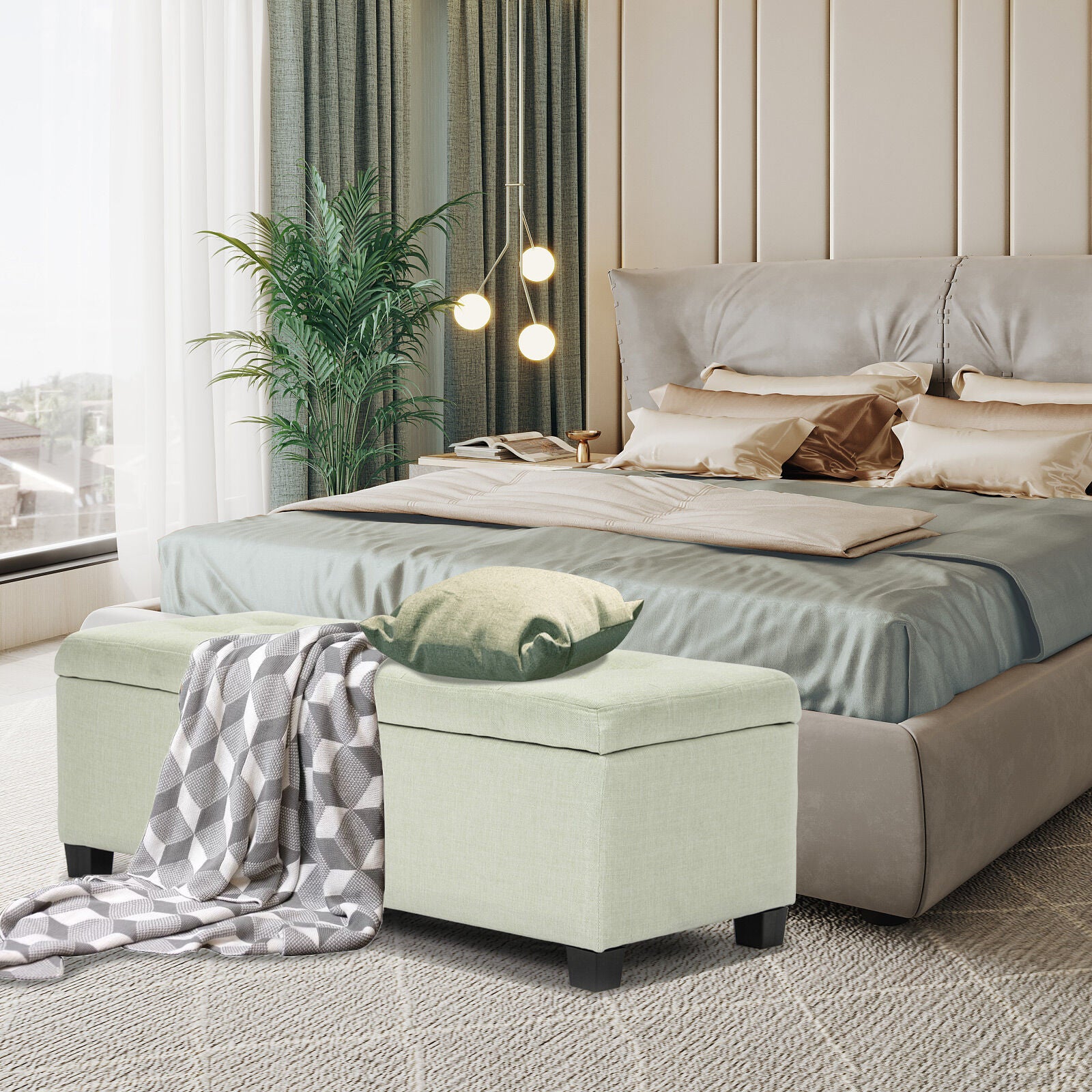 Ottomans & Footstools: Storage Ottoman Stool 102cm Fabric LIGHT GREEN