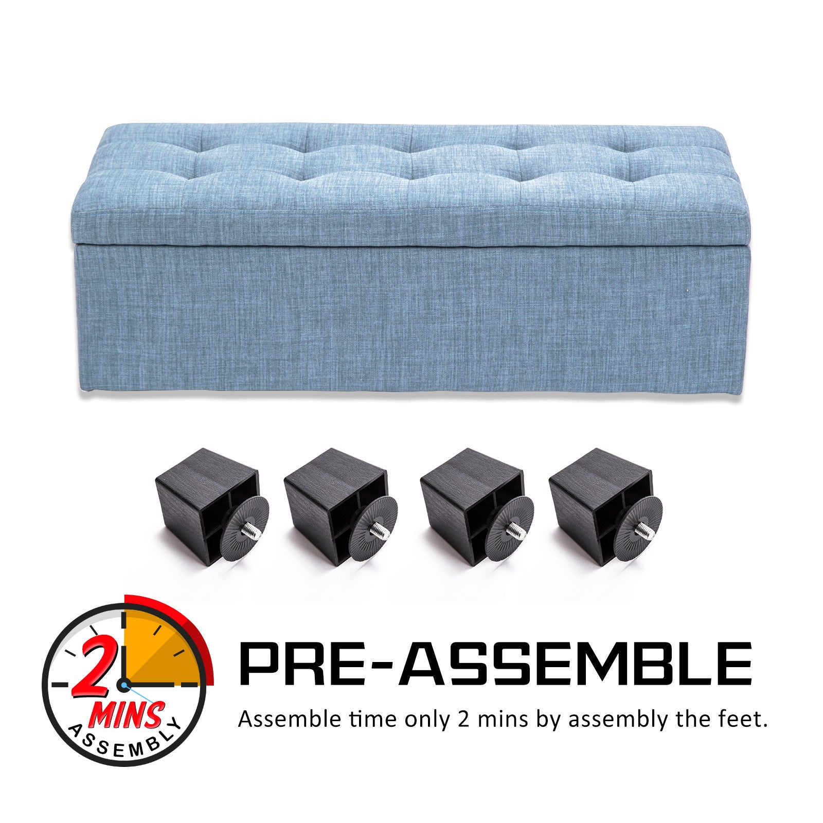 Ottomans & Footstools: Storage Ottoman Stool 102cm Fabric LIGHT GREY BLUE