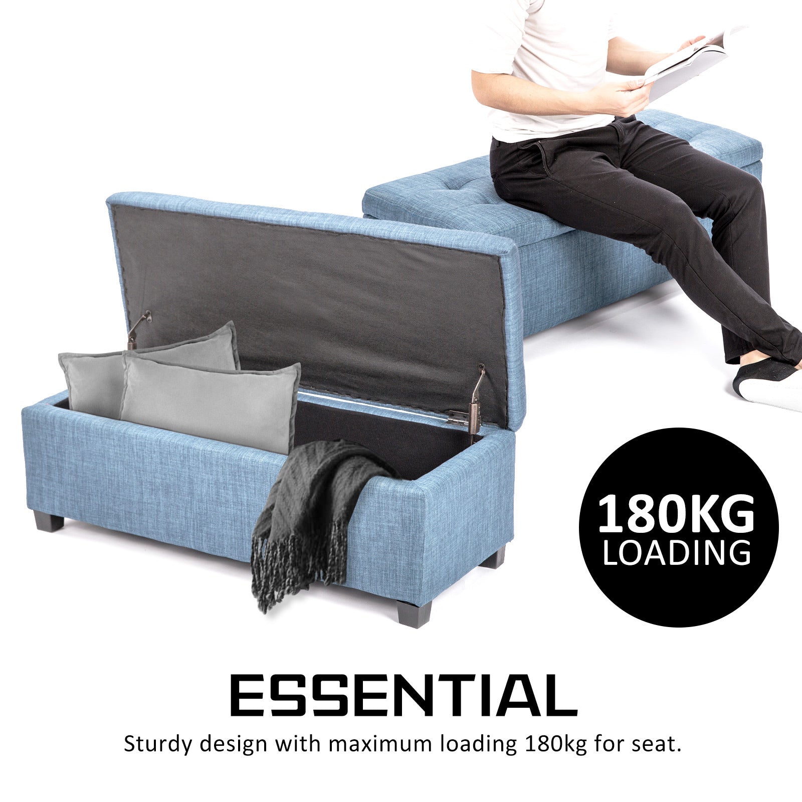 Ottomans & Footstools: Storage Ottoman Stool 102cm Fabric LIGHT GREY BLUE