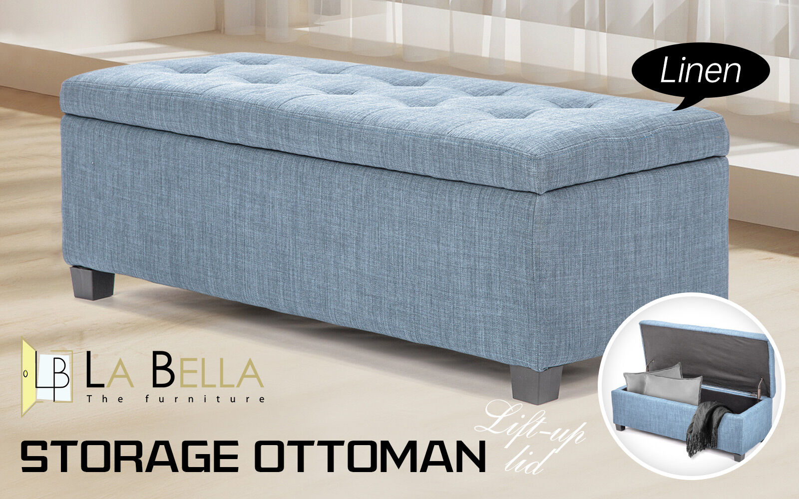 Ottomans & Footstools: Storage Ottoman Stool 102cm Fabric LIGHT GREY BLUE