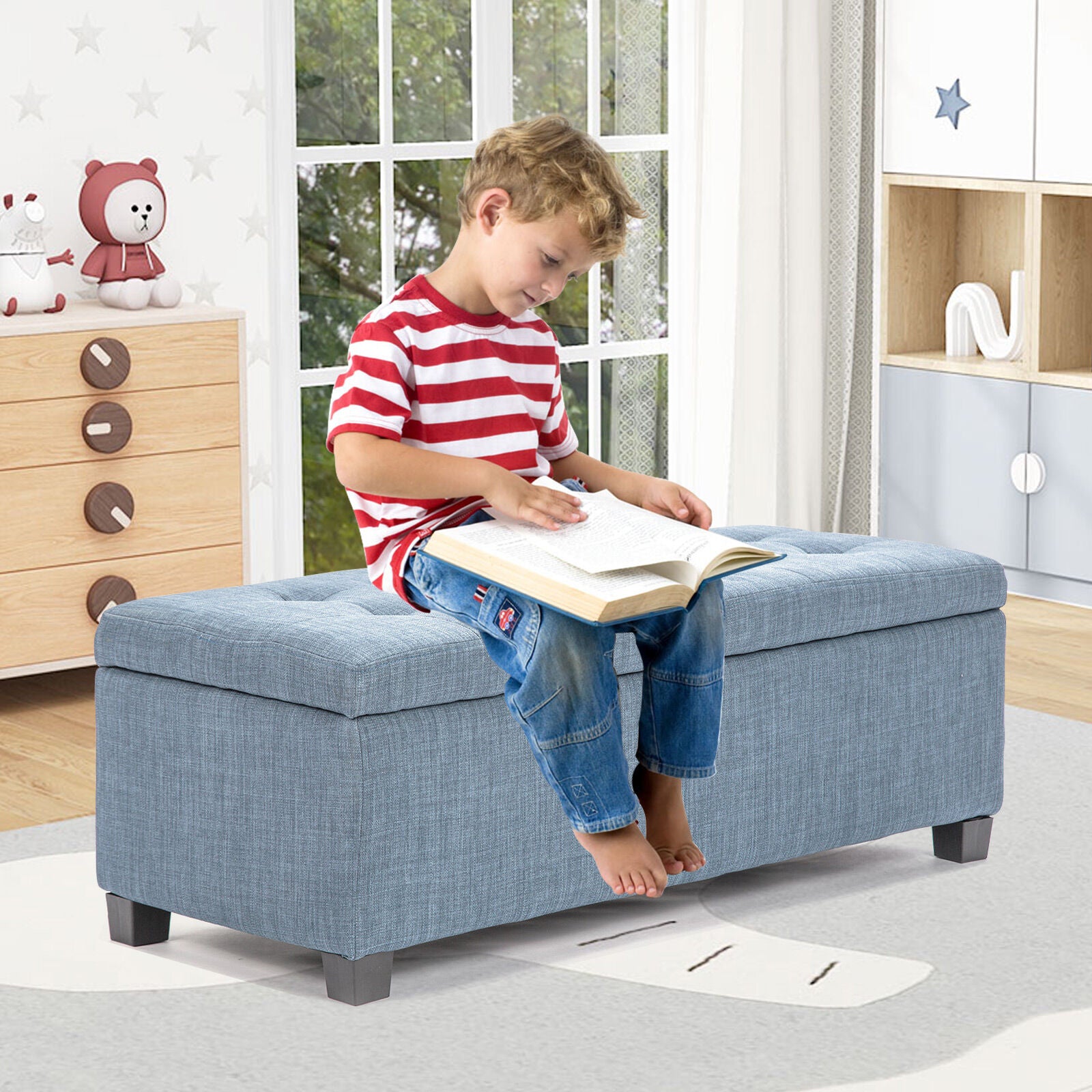 Ottomans & Footstools: Storage Ottoman Stool 102cm Fabric LIGHT GREY BLUE
