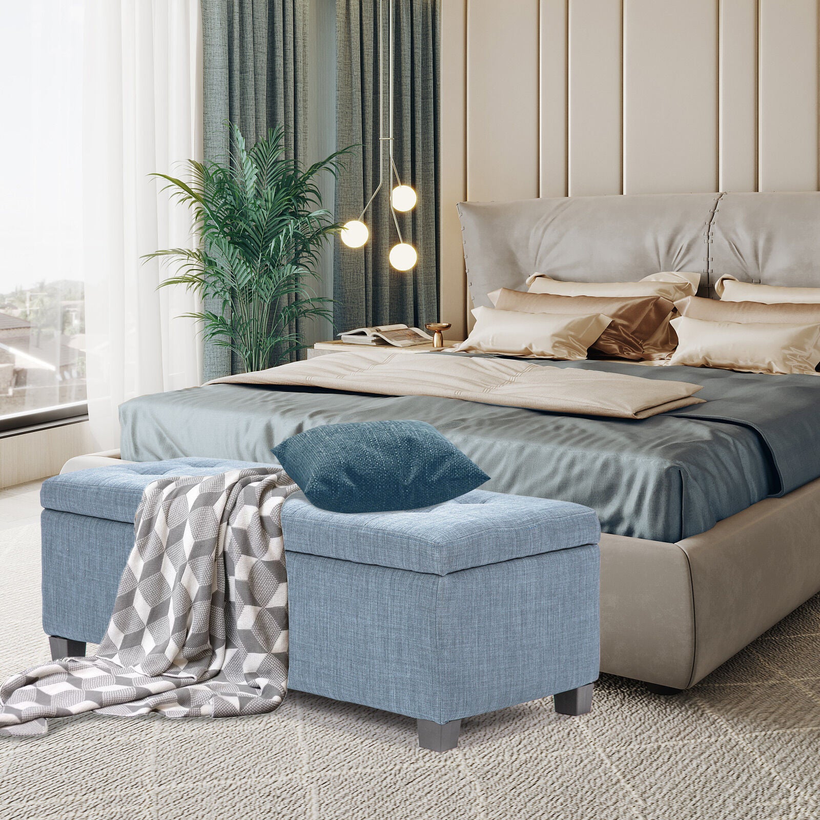 Ottomans & Footstools: Storage Ottoman Stool 102cm Fabric LIGHT GREY BLUE