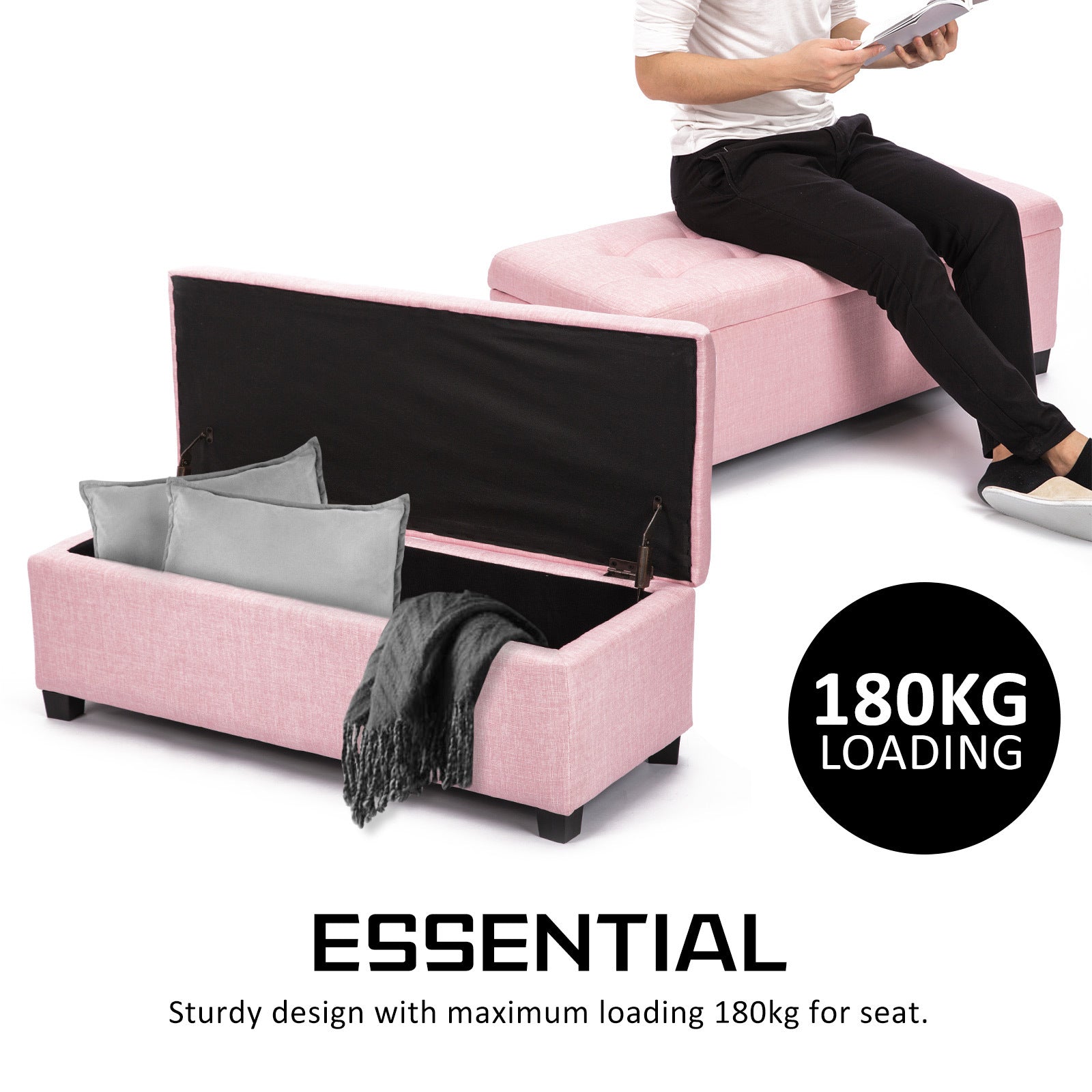 Ottomans & Footstools: Storage Ottoman Stool 102cm Fabric PINK