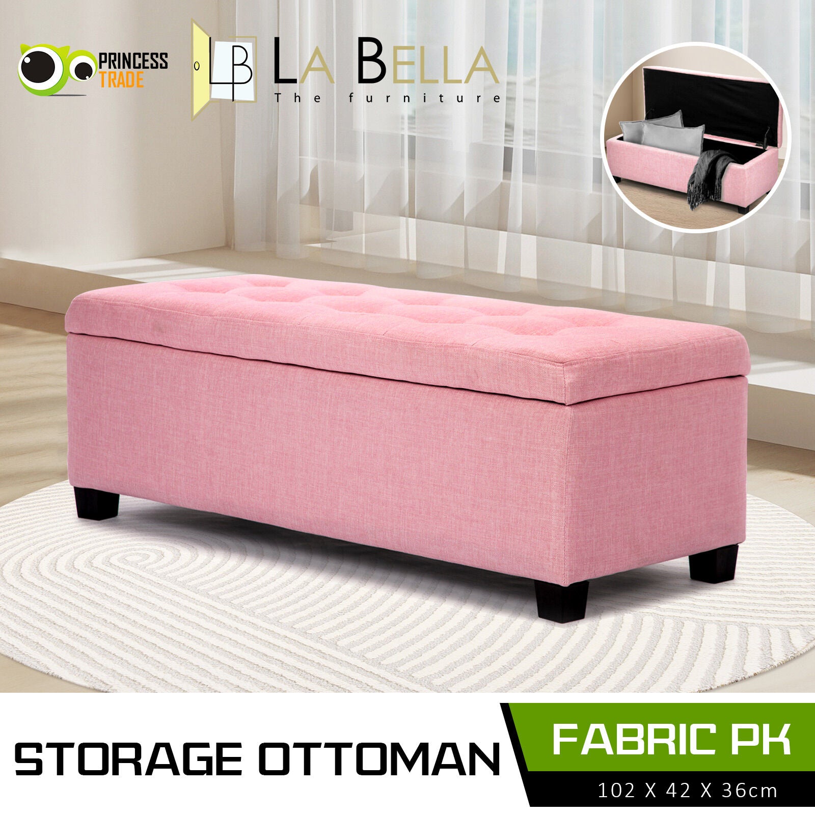 Ottomans & Footstools: Storage Ottoman Stool 102cm Fabric PINK