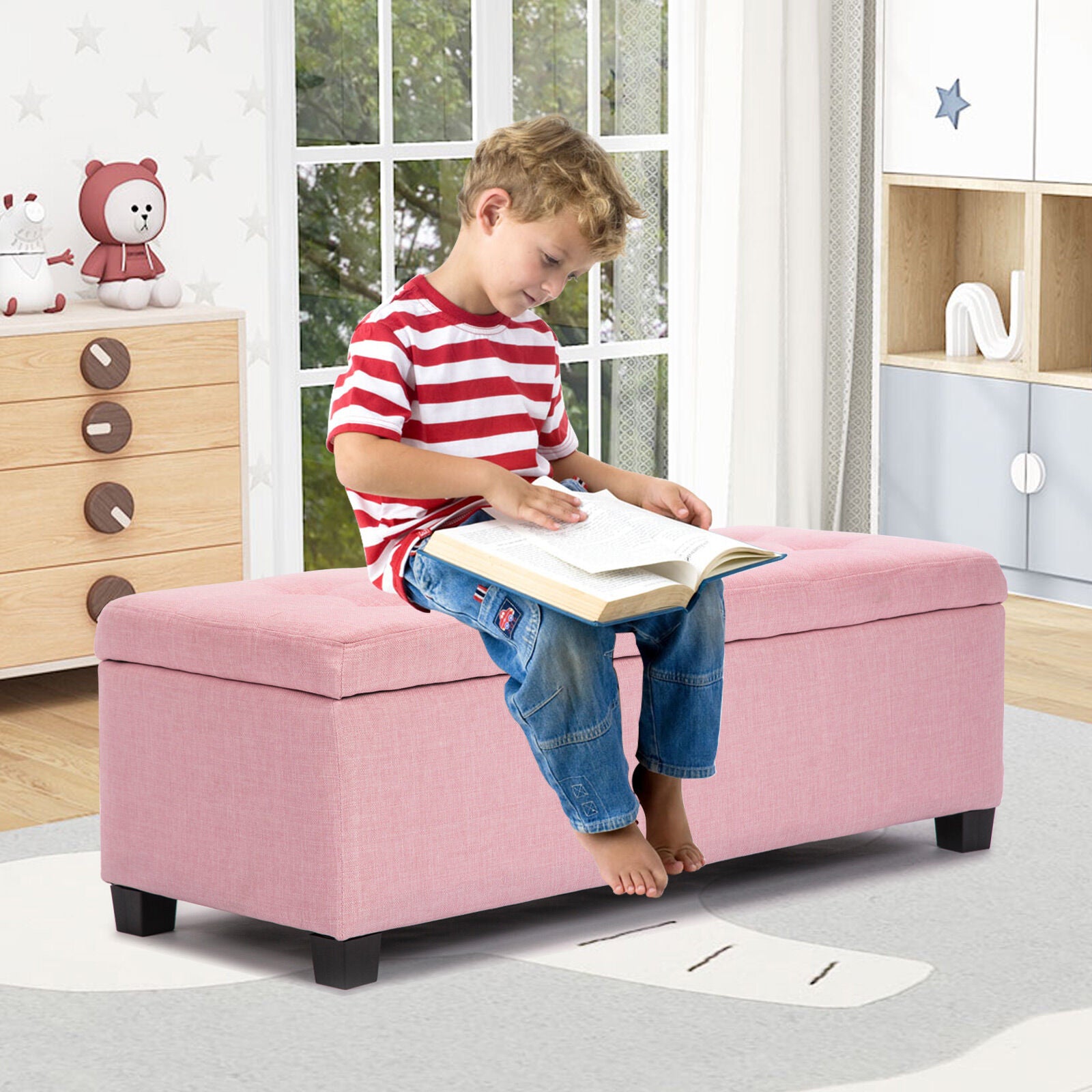 Ottomans & Footstools: Storage Ottoman Stool 102cm Fabric PINK