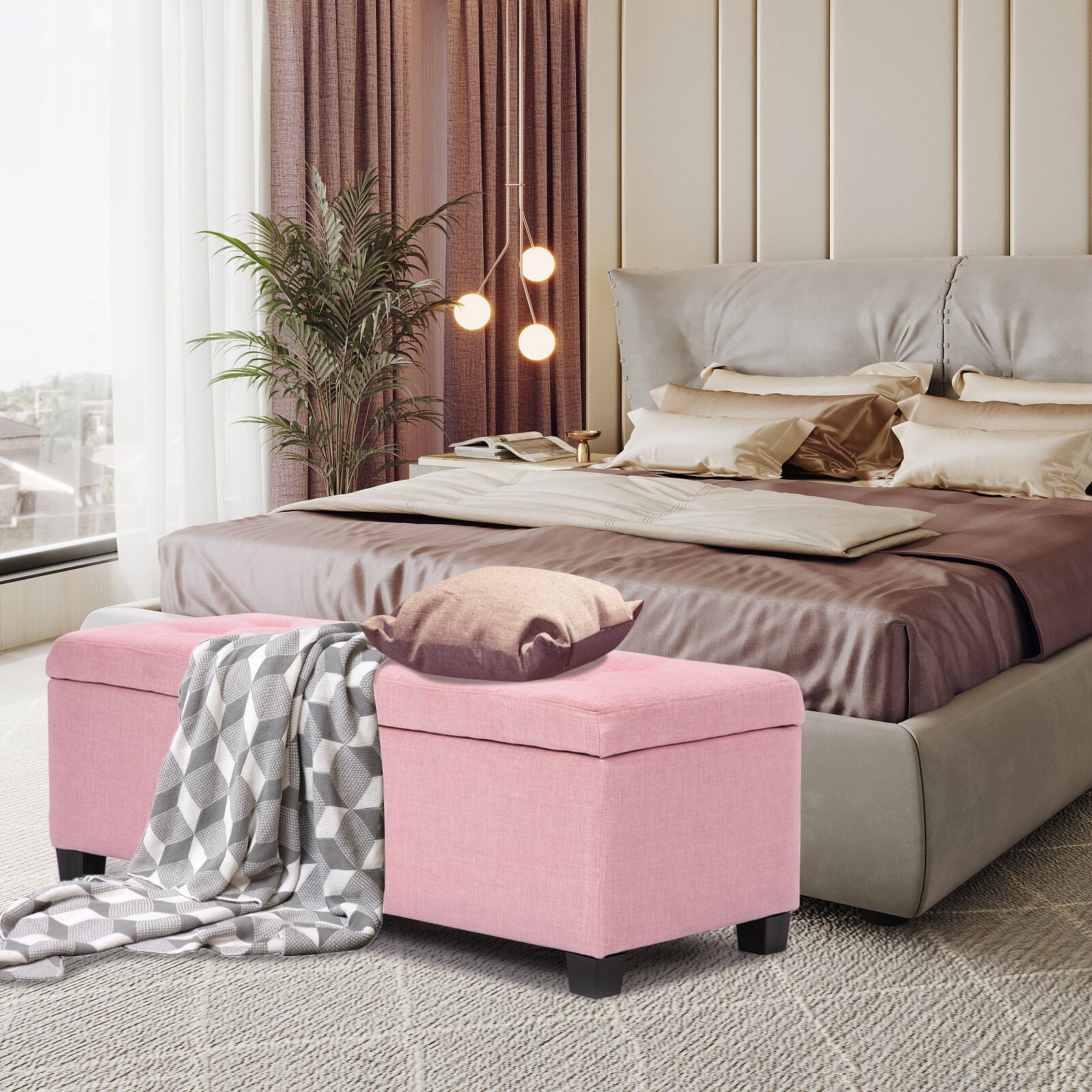 Ottomans & Footstools: Storage Ottoman Stool 102cm Fabric PINK