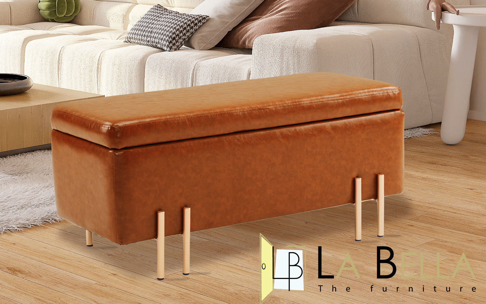 Ottomans & Footstools: Storage Ottoman Stool Bench Seat 97cm PU Leather BROWN