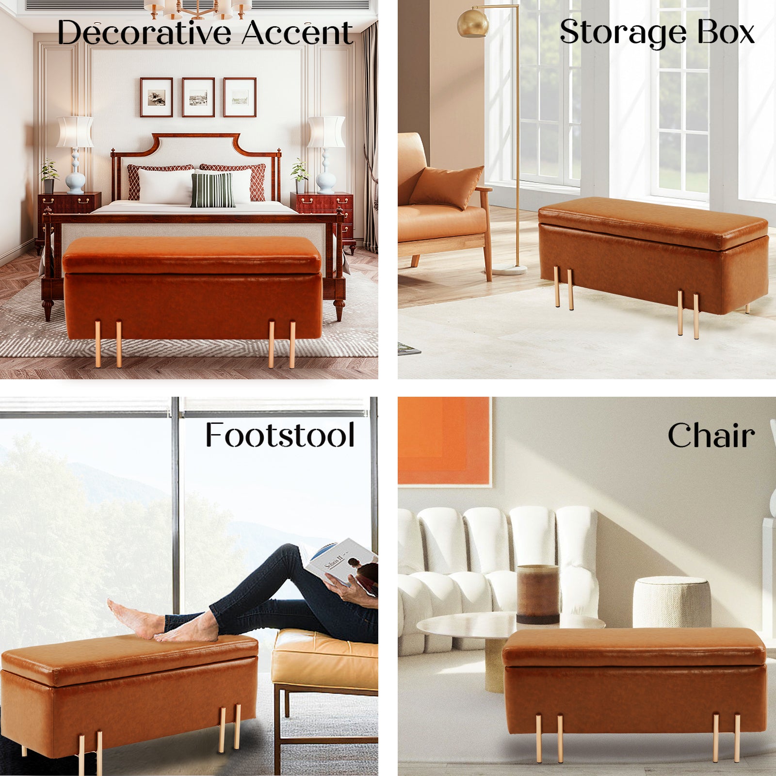 Ottomans & Footstools: Storage Ottoman Stool Bench Seat 97cm PU Leather BROWN