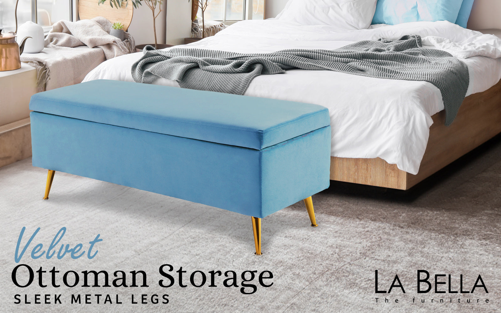 Ottomans & Footstools: Storage Ottoman Stool Bench Seat 110cm Velvet OCEAN BLUE