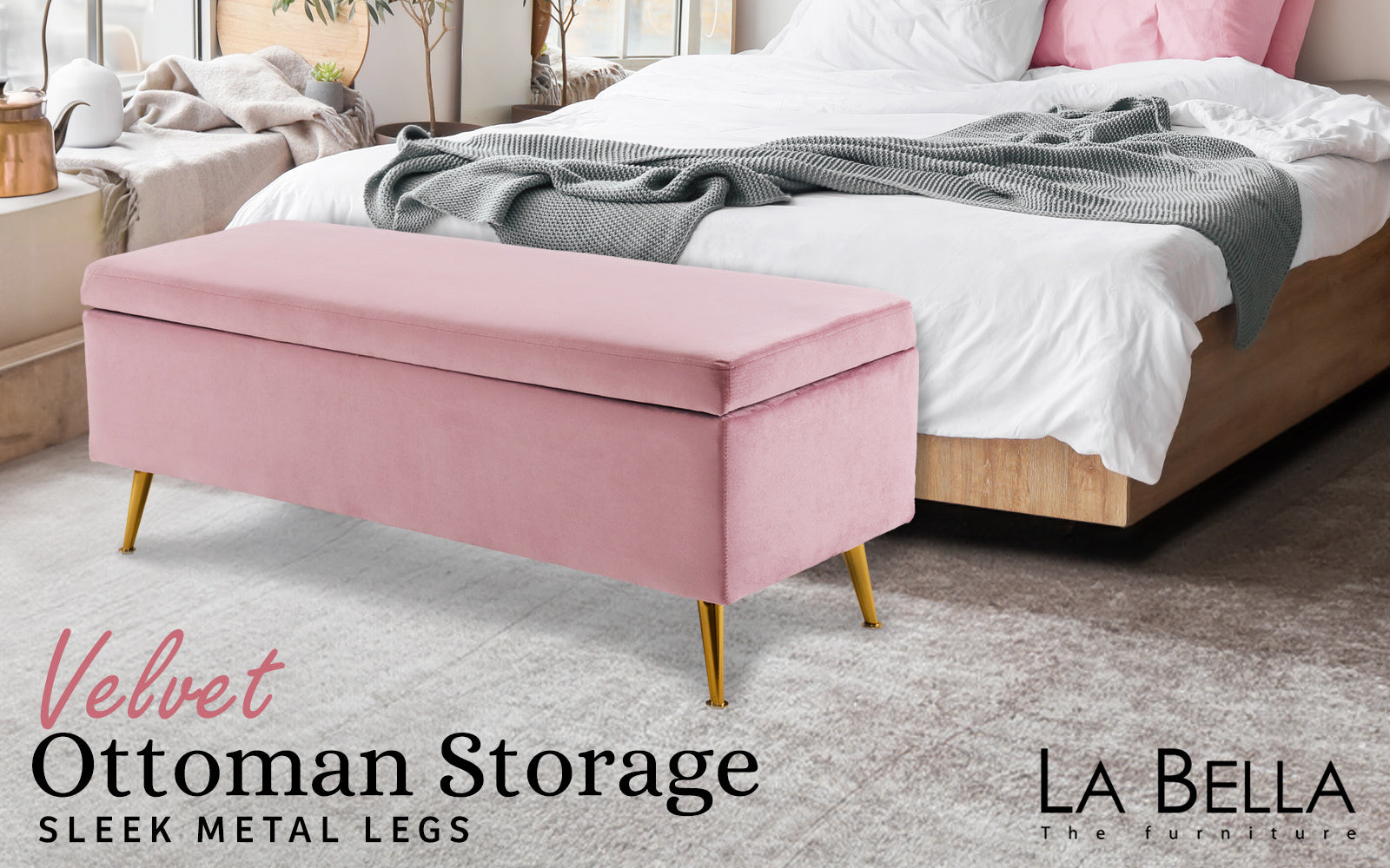 Ottomans & Footstools: Storage Ottoman Stool Bench Seat 110cm Velvet PINK