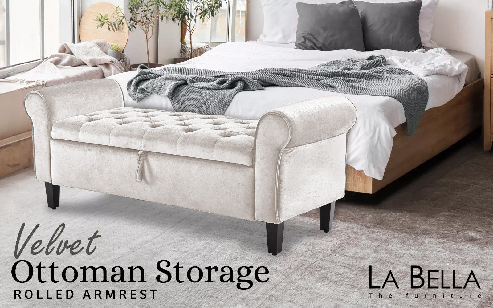 Ottomans & Footstools: Storage Ottoman Stool Arm Bench Seat 132cm Velvet BEIGE