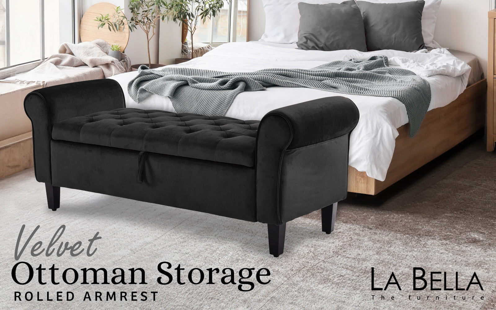 Ottomans & Footstools: Storage Ottoman Stool Arm Bench Seat 132cm Velvet BLACK