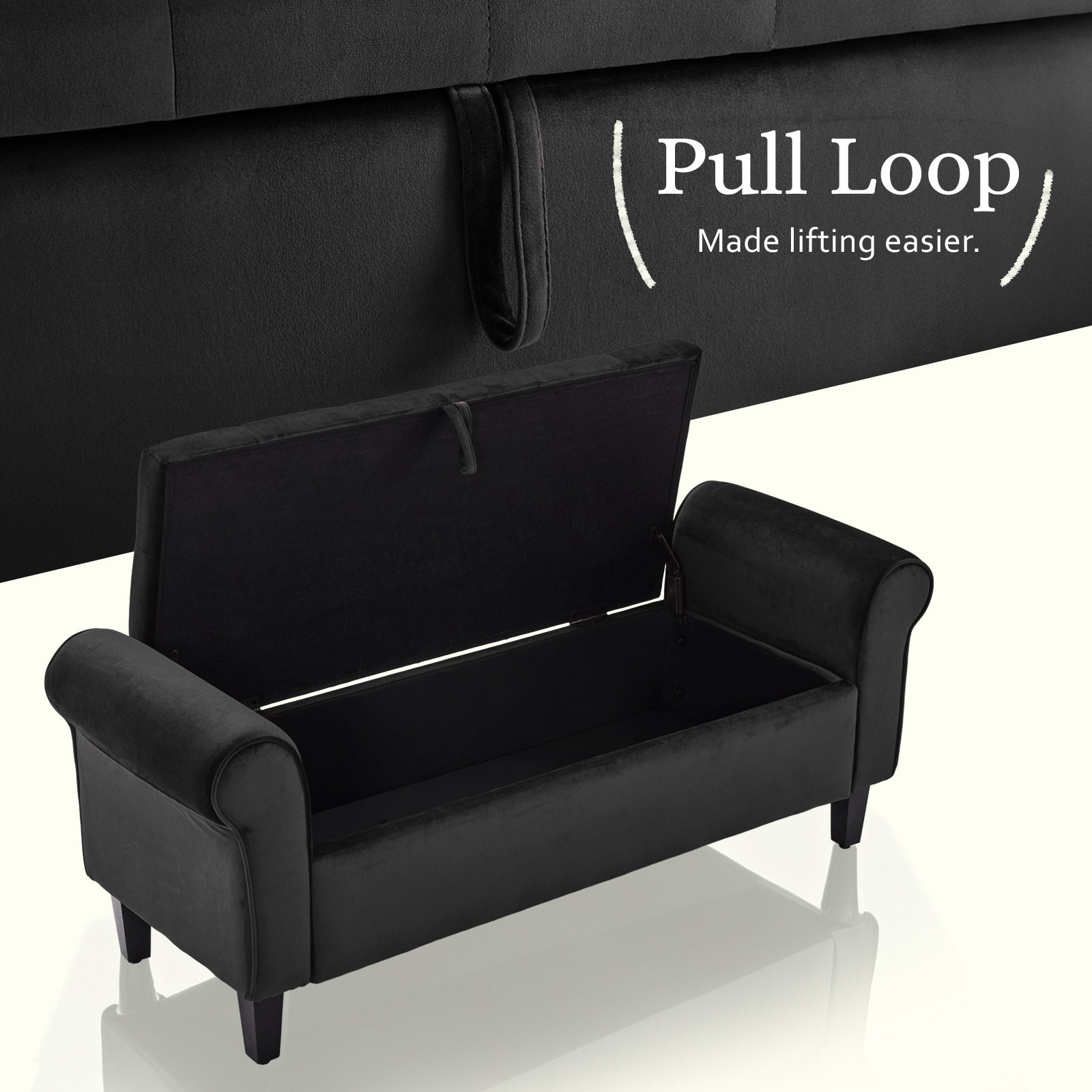Ottomans & Footstools: Storage Ottoman Stool Arm Bench Seat 132cm Velvet BLACK