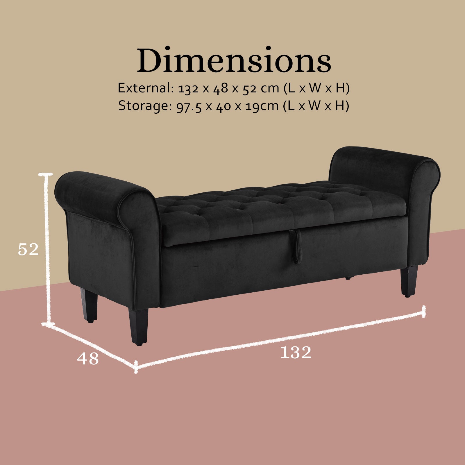 Ottomans & Footstools: Storage Ottoman Stool Arm Bench Seat 132cm Velvet BLACK