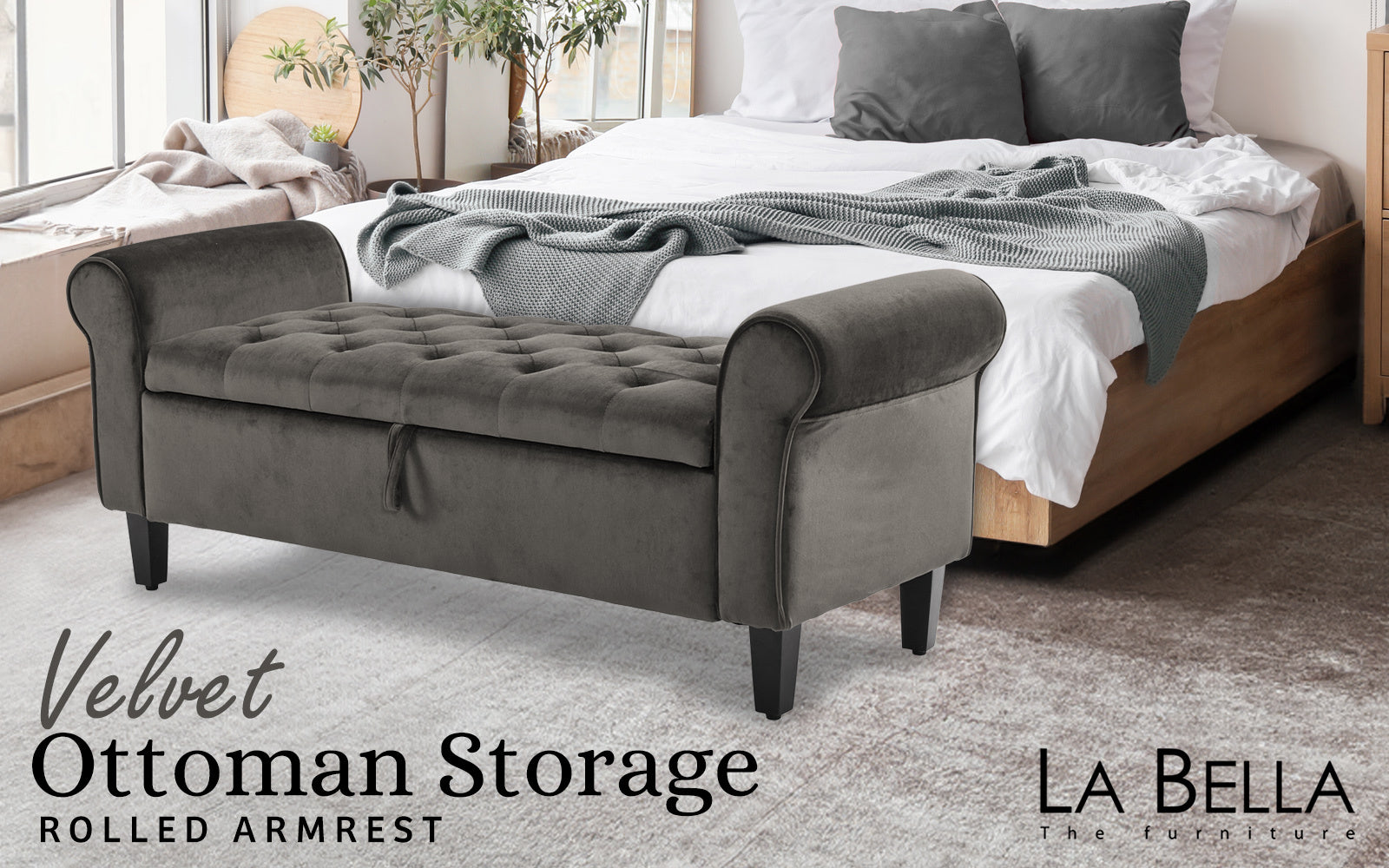 Ottomans & Footstools: Storage Ottoman Stool Arm Bench Seat 132cm Velvet GREY