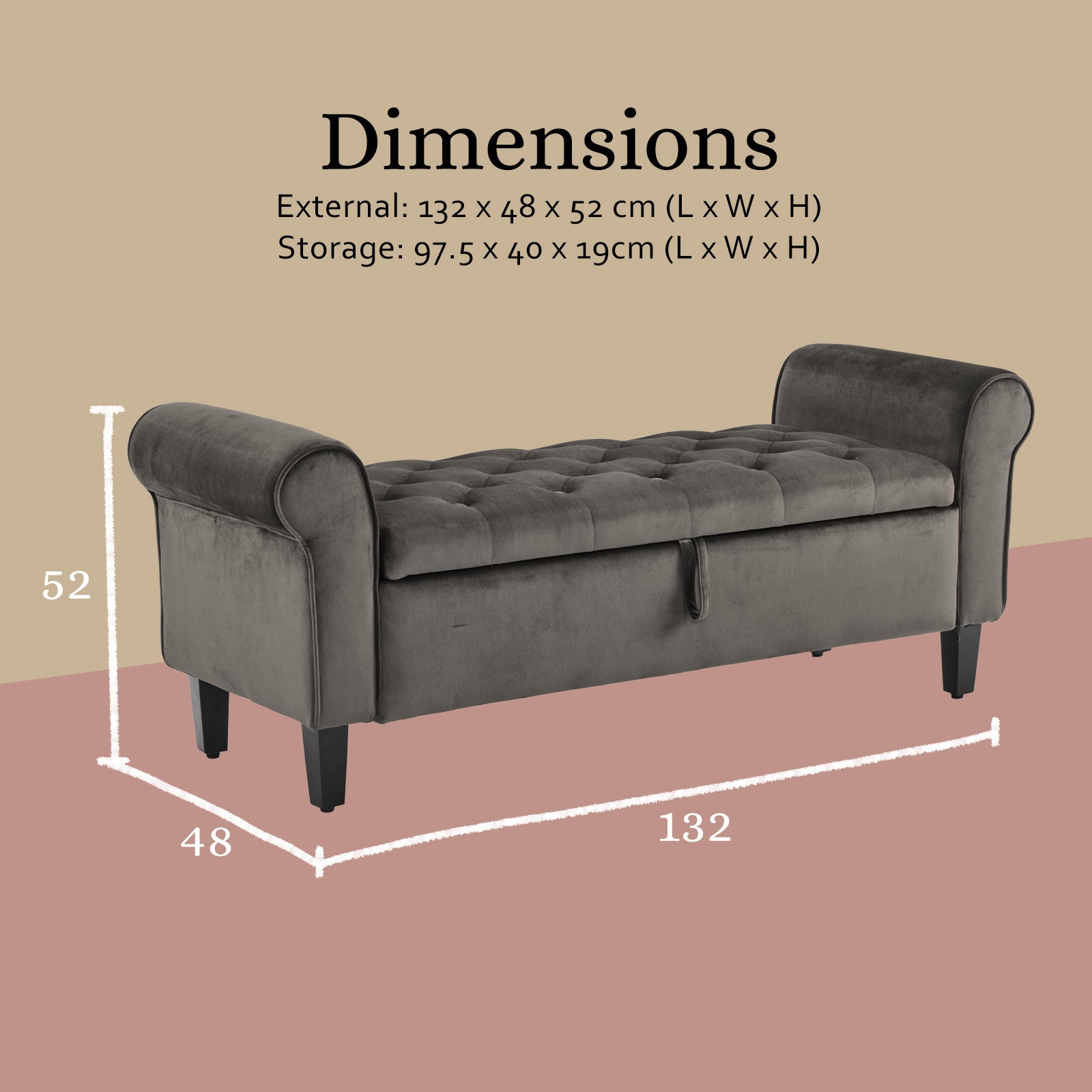 Ottomans & Footstools: Storage Ottoman Stool Arm Bench Seat 132cm Velvet GREY