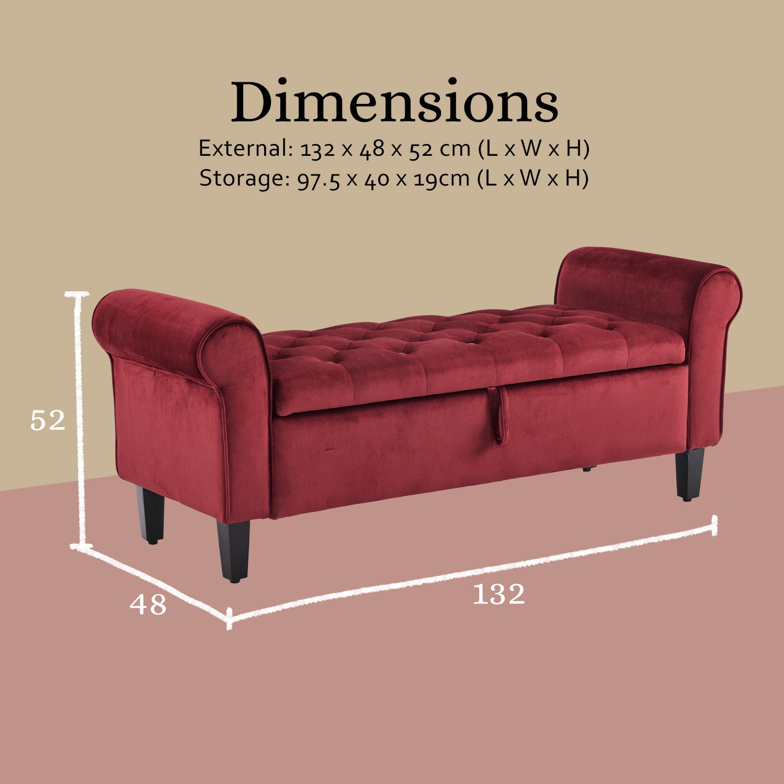 Ottomans & Footstools: Storage Ottoman Stool Arm Bench Seat 132cm Velvet RED