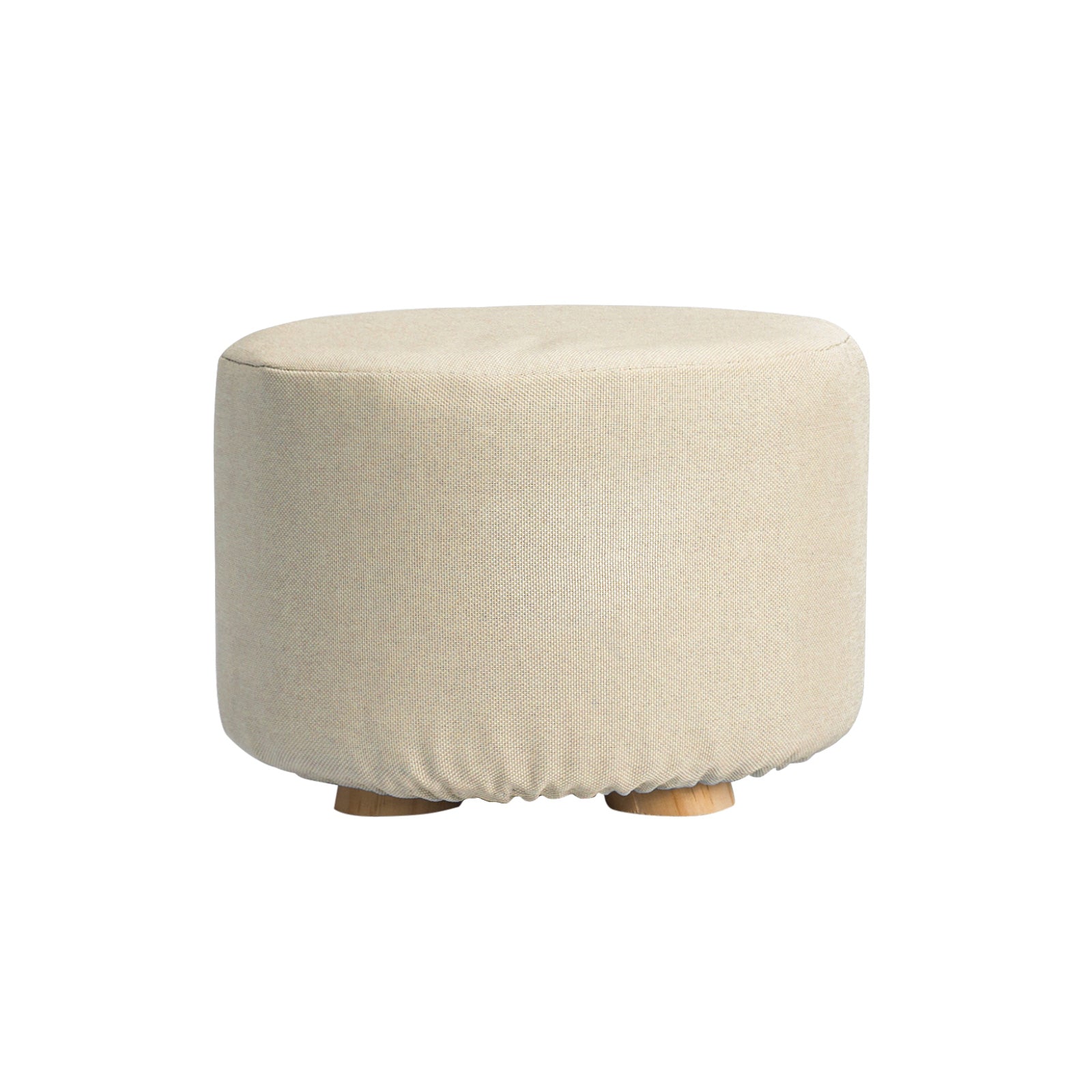 Ottomans & Footstools: Fabric Ottoman Round Wooden Leg Foot Stool - BEIGE