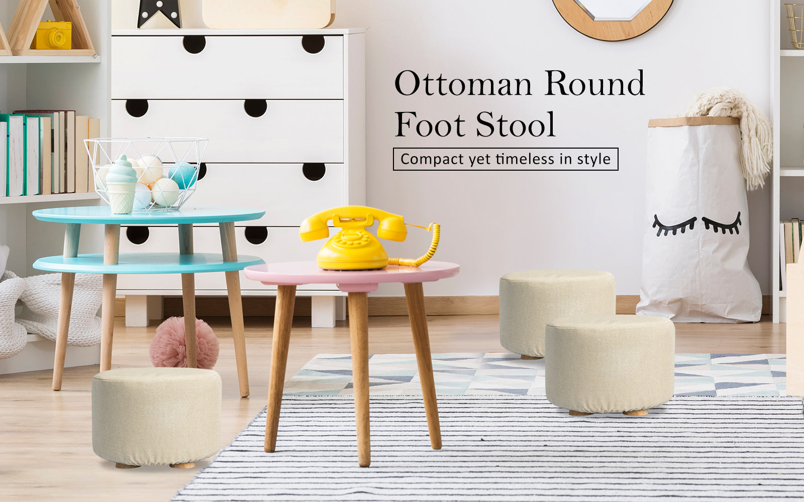 Ottomans & Footstools: Fabric Ottoman Round Wooden Leg Foot Stool - BEIGE