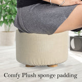 Ottomans & Footstools: Fabric Ottoman Round Wooden Leg Foot Stool - BEIGE