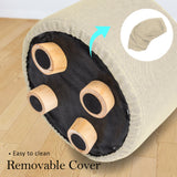 Ottomans & Footstools: Fabric Ottoman Round Wooden Leg Foot Stool - BEIGE