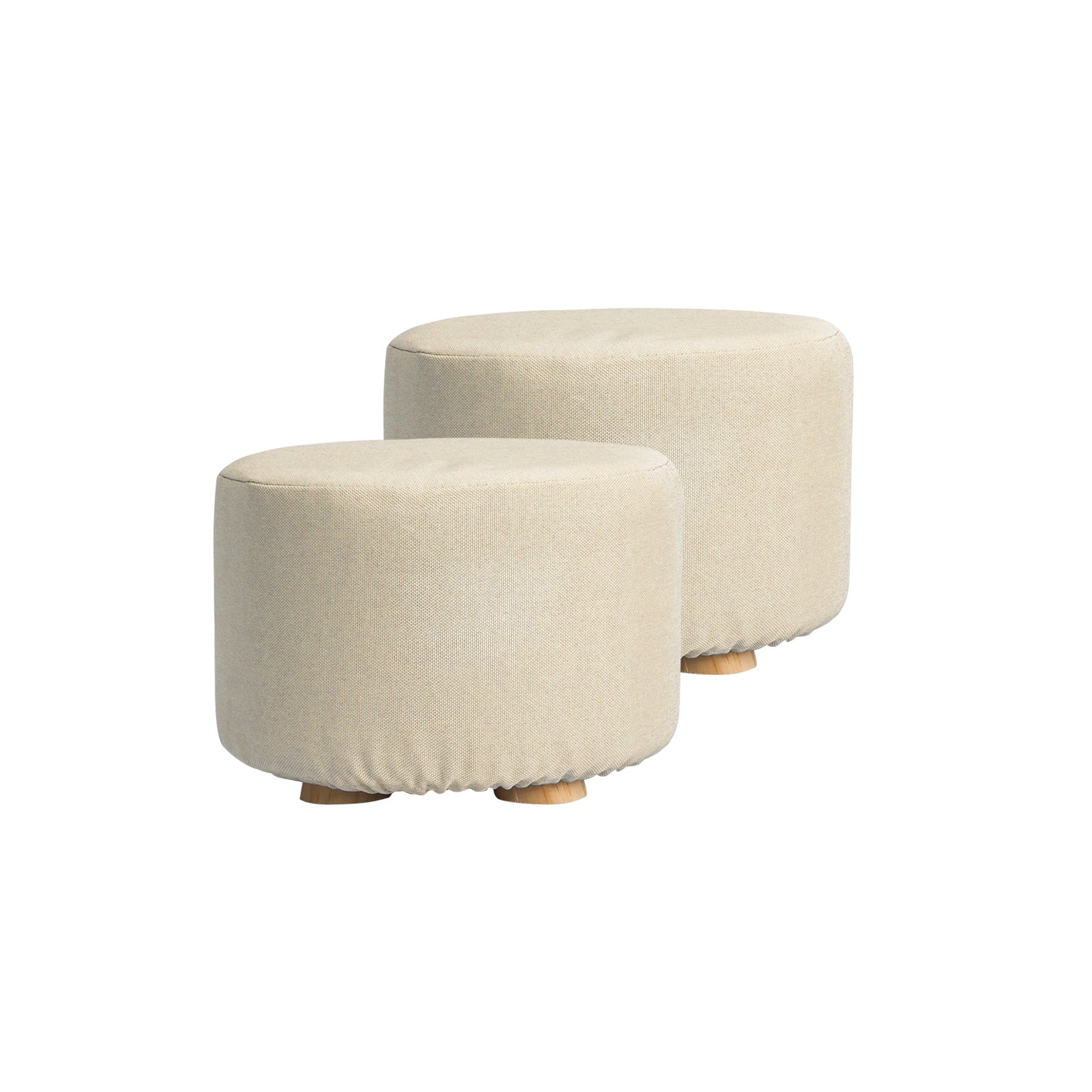 Ottomans & Footstools: 2X Fabric Ottoman Round Wooden Leg Foot Stool - BEIGE