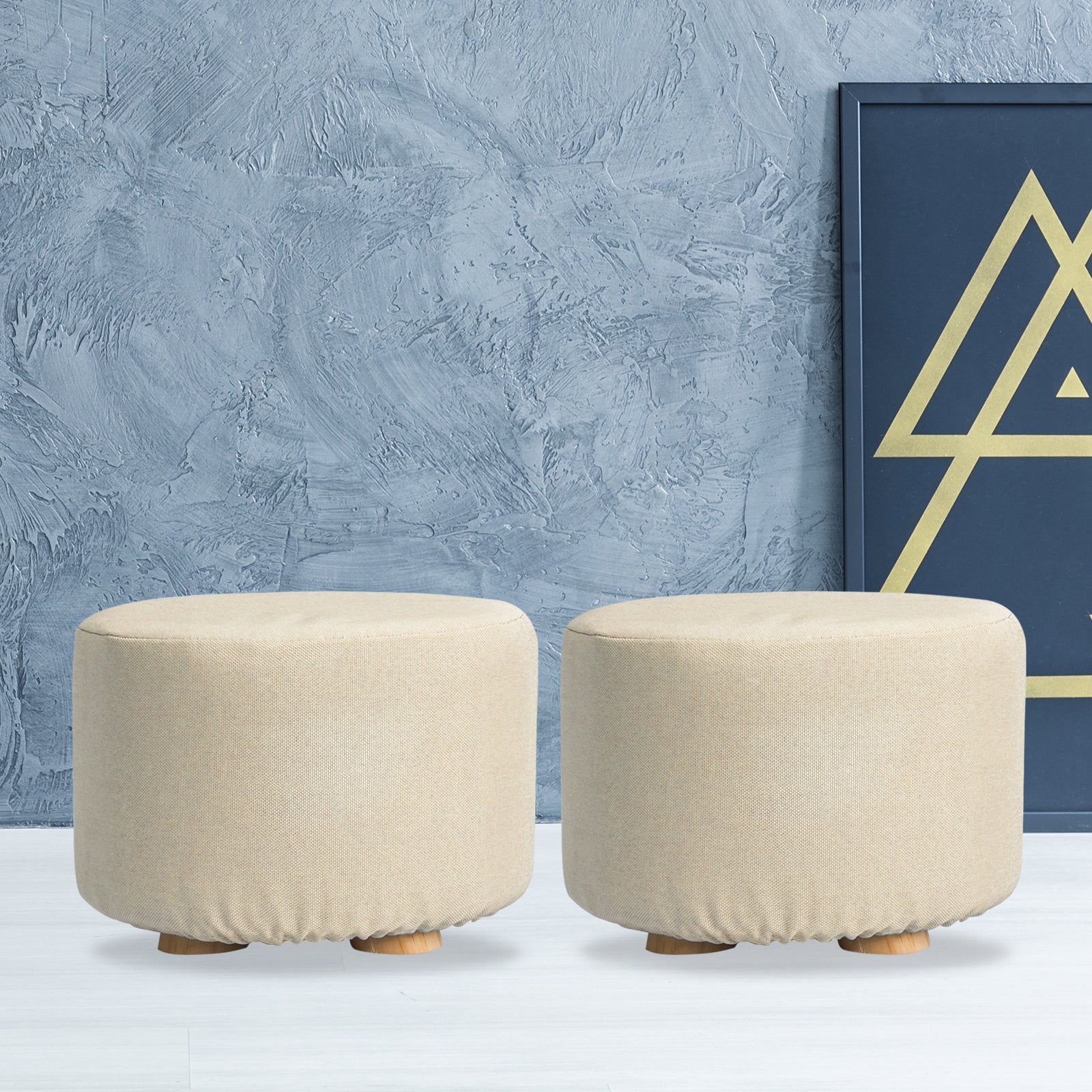 Ottomans & Footstools: 2X Fabric Ottoman Round Wooden Leg Foot Stool - BEIGE