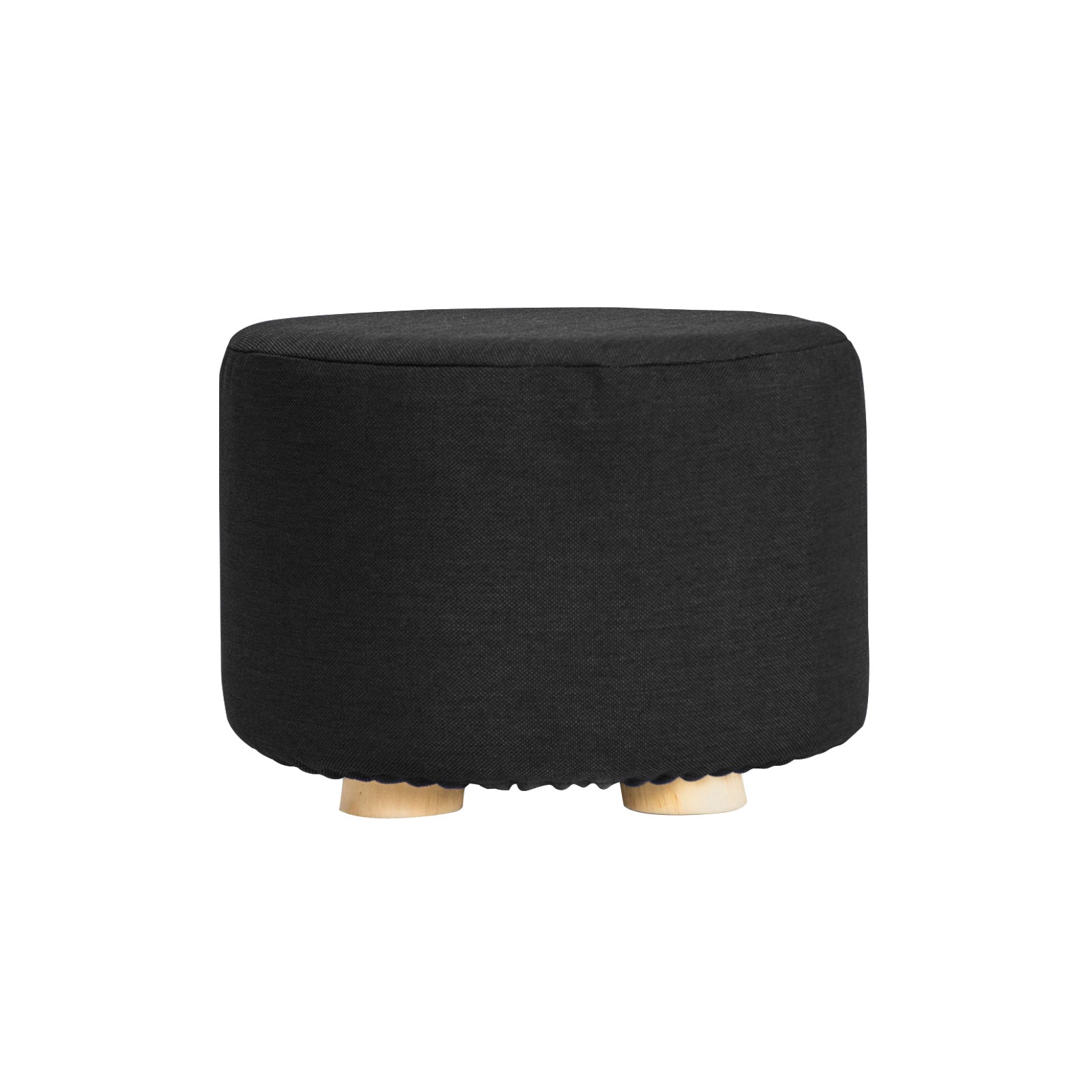 Ottomans & Footstools: Fabric Ottoman Round Wooden Leg Foot Stool - BLACK
