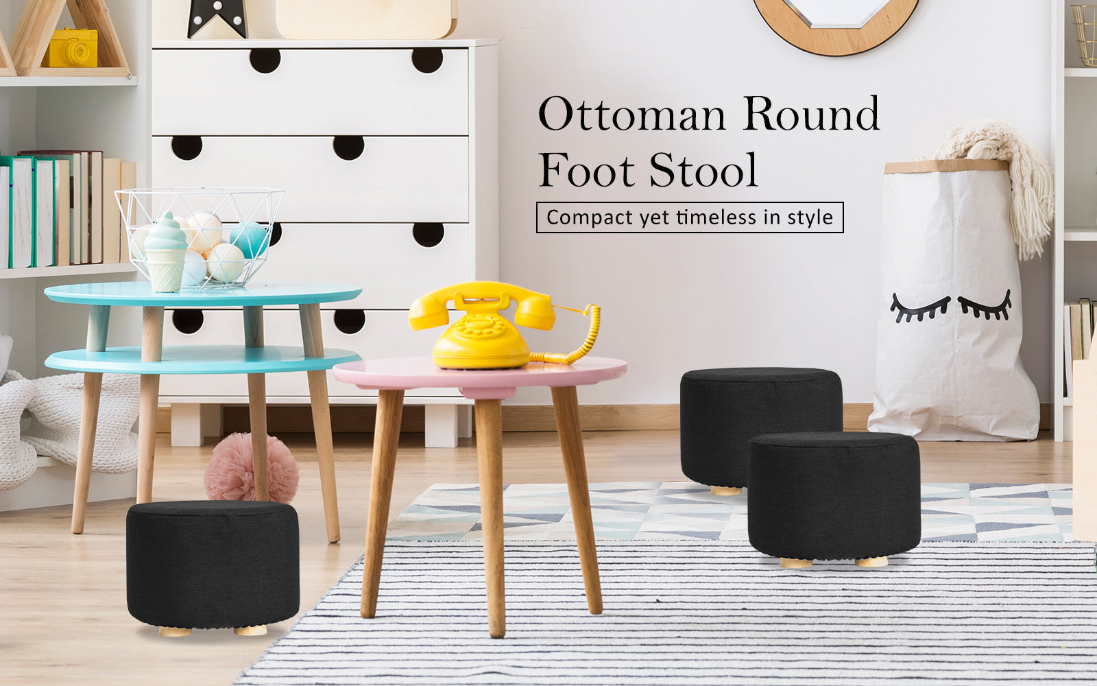 Ottomans & Footstools: Fabric Ottoman Round Wooden Leg Foot Stool - BLACK