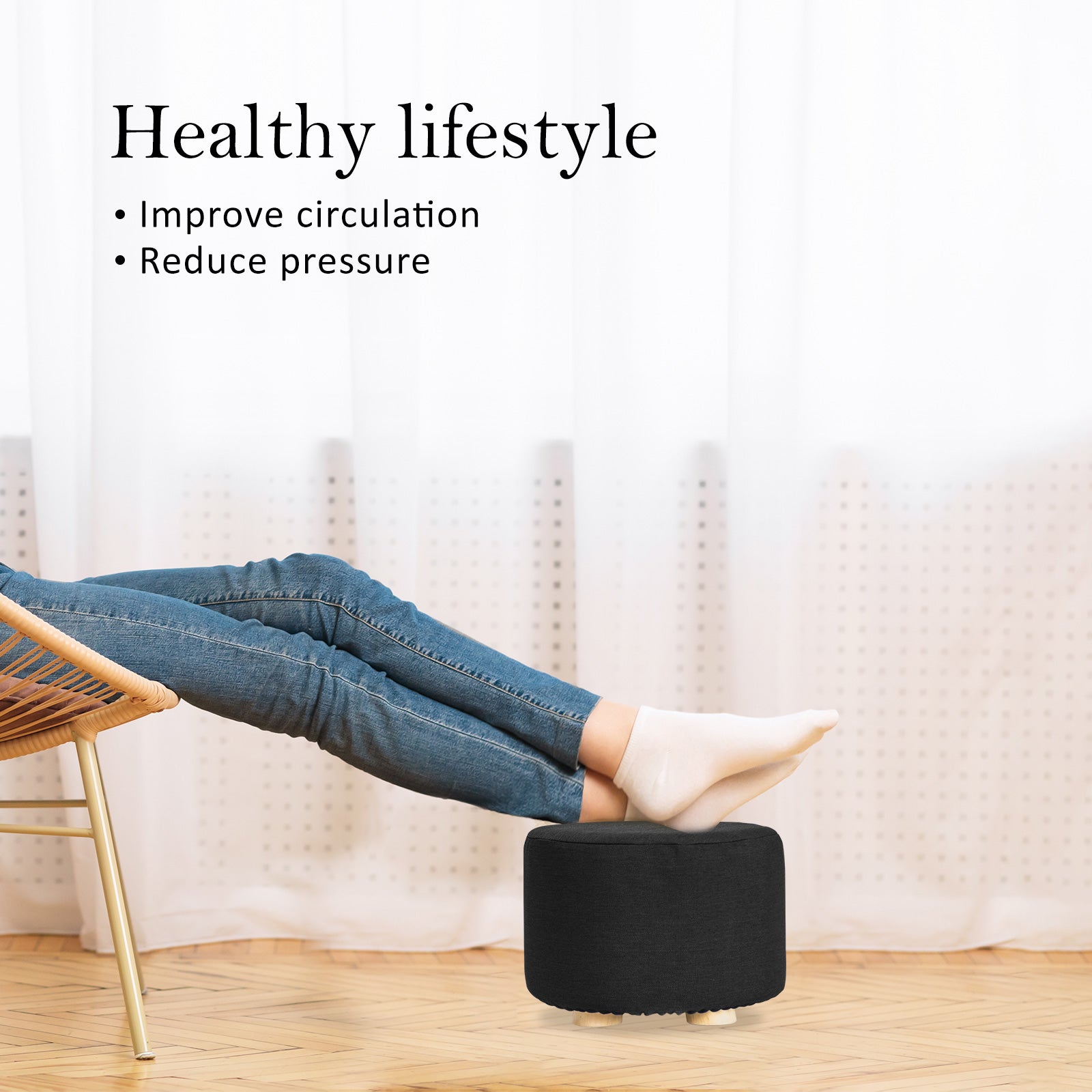 Ottomans & Footstools: Fabric Ottoman Round Wooden Leg Foot Stool - BLACK