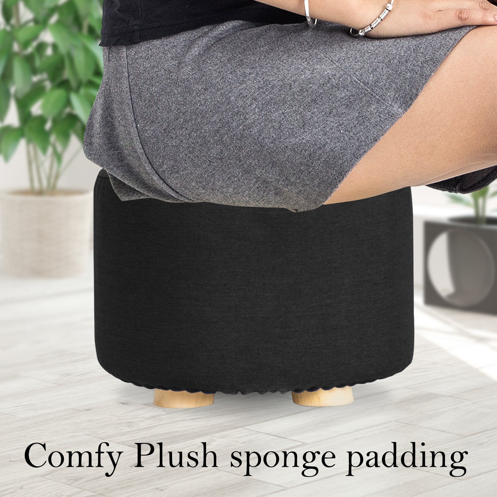 Ottomans & Footstools: Fabric Ottoman Round Wooden Leg Foot Stool - BLACK