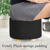 Ottomans & Footstools: Fabric Ottoman Round Wooden Leg Foot Stool - BLACK