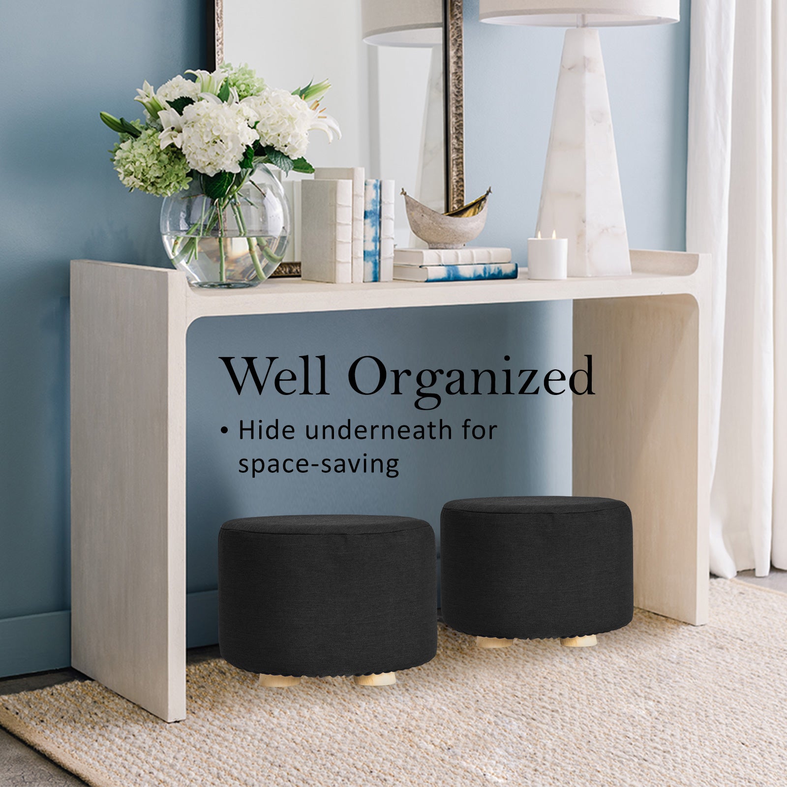Ottomans & Footstools: Fabric Ottoman Round Wooden Leg Foot Stool - BLACK