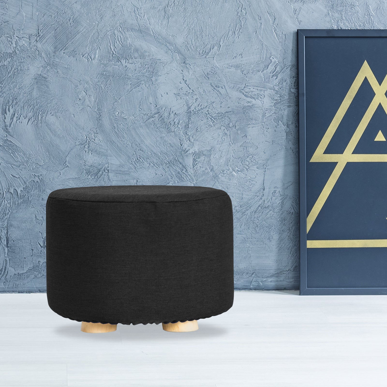 Ottomans & Footstools: Fabric Ottoman Round Wooden Leg Foot Stool - BLACK