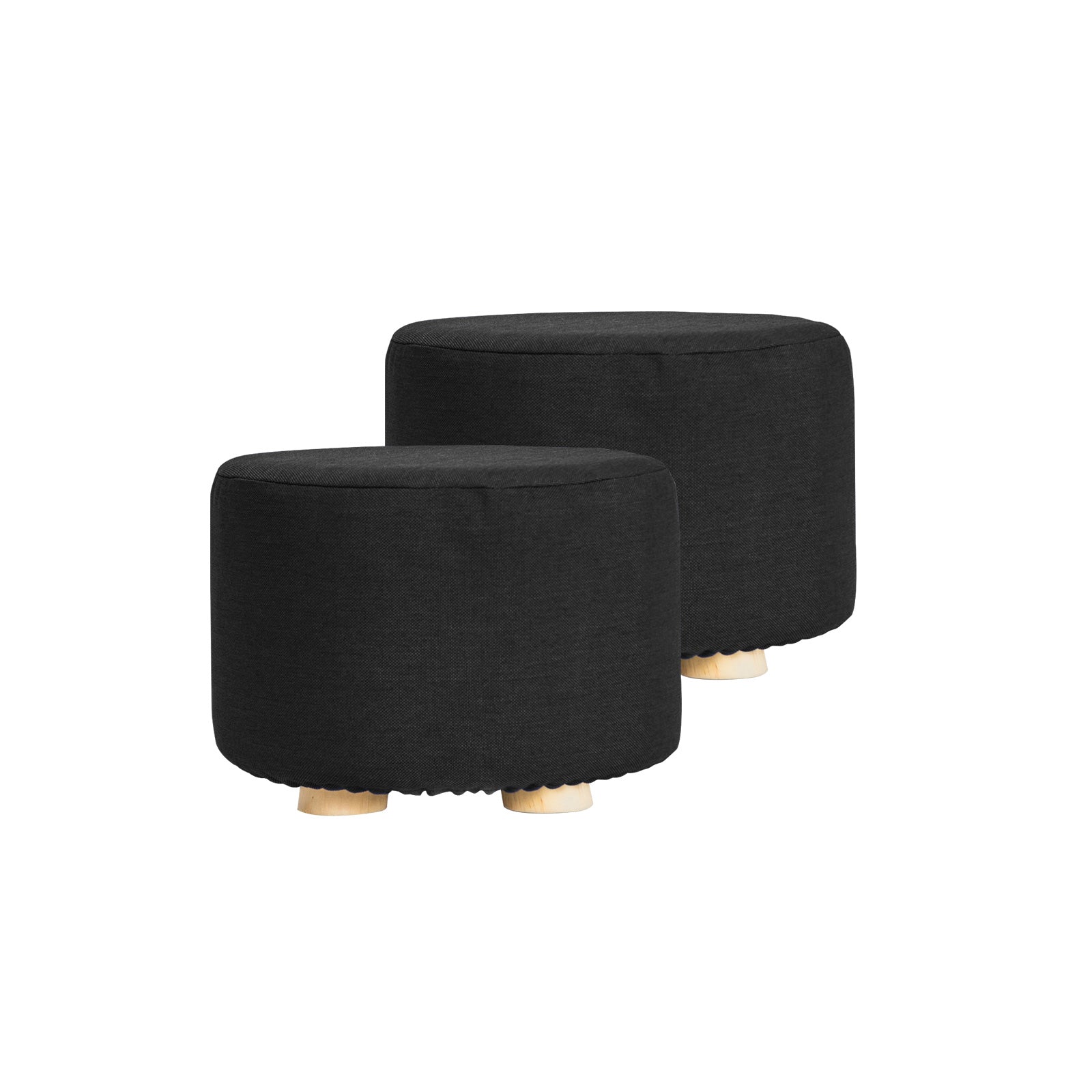 Ottomans & Footstools: 2X Fabric Ottoman Round Wooden Leg Foot Stool - BLACK